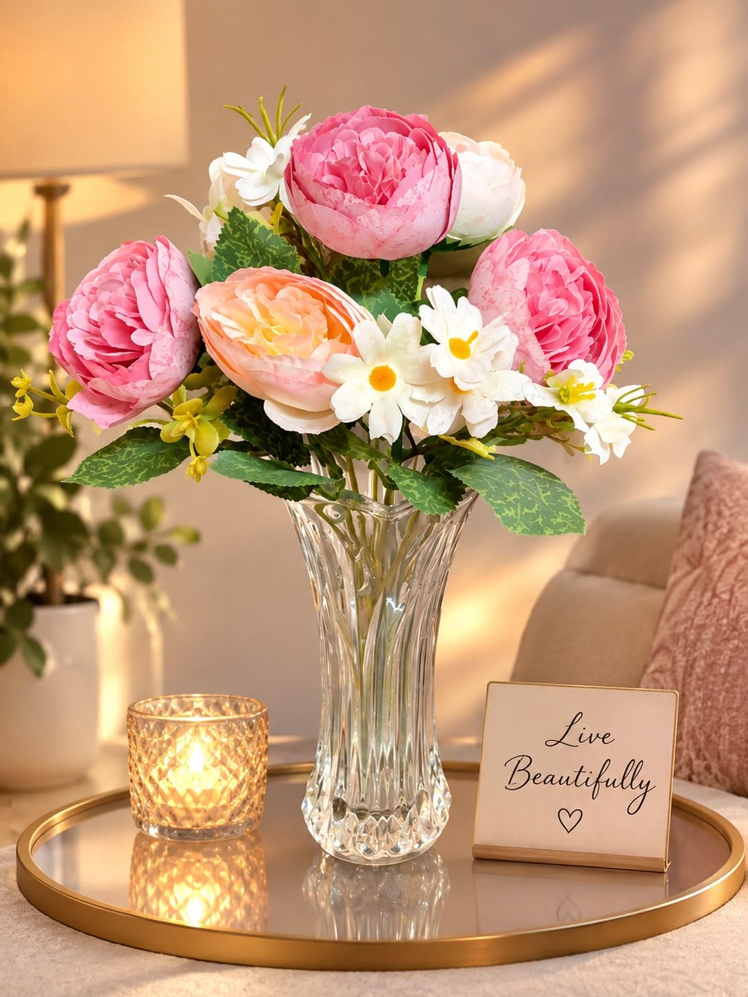 Ryme Artificial Pink Peony Flower Bouquet with White Daisy & Green Leaves | Premium Faux Silk Floral Stems for Home, Office, Wedding, Living Room & Table Decoration | Vase Not Included-image-31