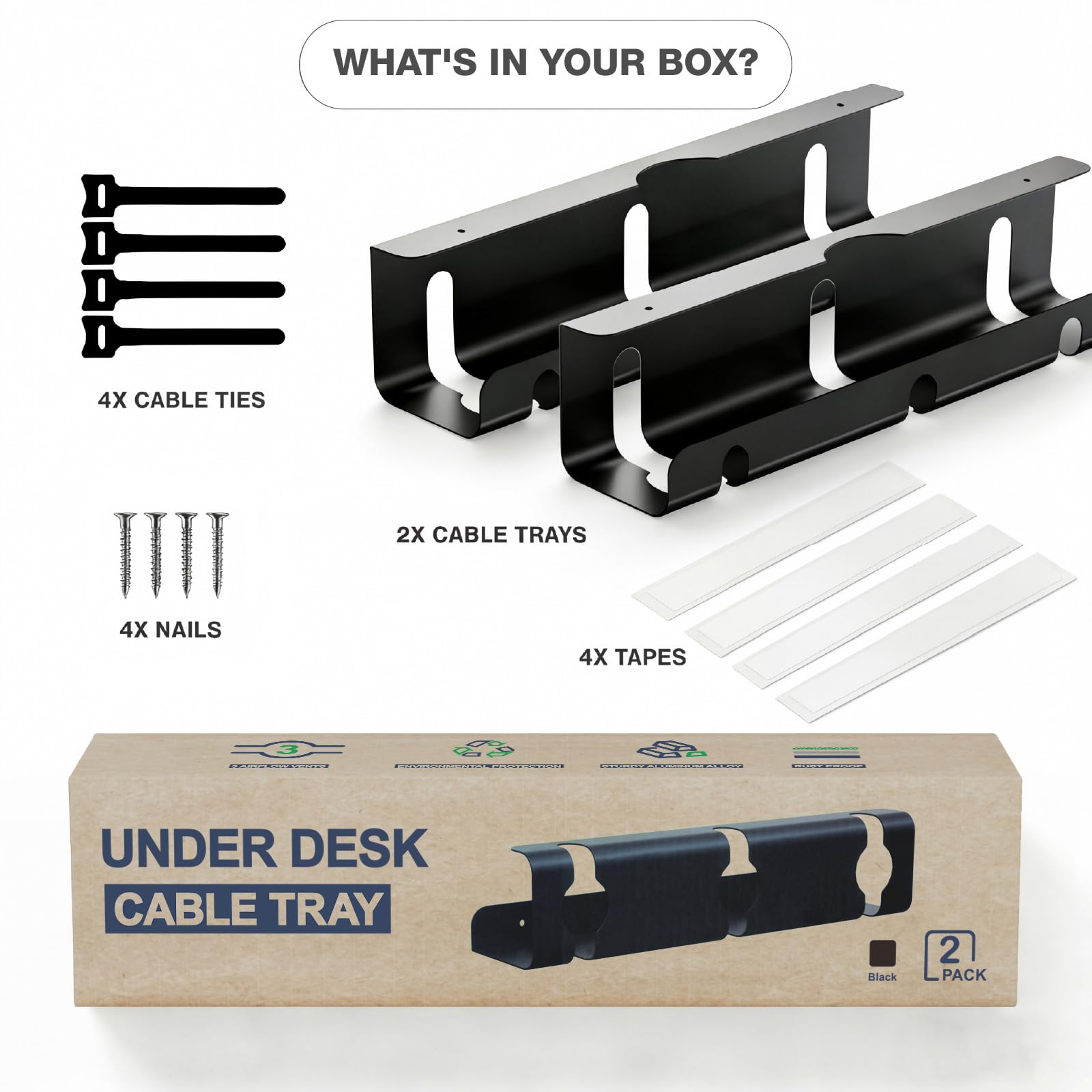APS Kabel-Raceway-Tablett unter dem Schreibtisch, 40,6 cm, stabiler Metallkordel-Organizer, ohne Bohren, Klemmhalterung zum Verstecken von Draht, hält 6,8 kg + für Büro und Zuhause, Schwarz, 2 Stück