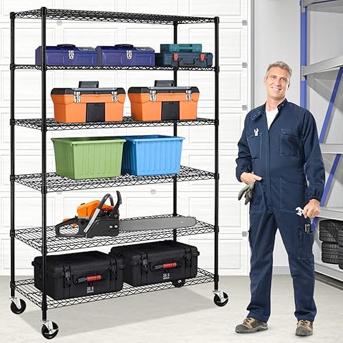 BLKMTY Estantería de alambre de 6 niveles, estantes de almacenamiento ajustables, estante de metal con ruedas, estante de alambre para garaje,
