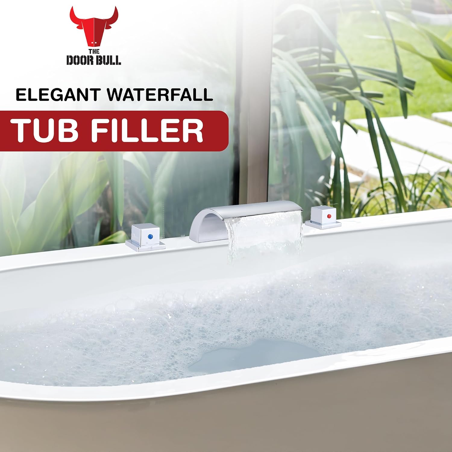 Roman Tub Faucet | Waterfall Tub Filler | Deck Mount Brass Faucet | 3-Hole with 2 Handles | High Flow, Anti-Corrosion, Modern Design