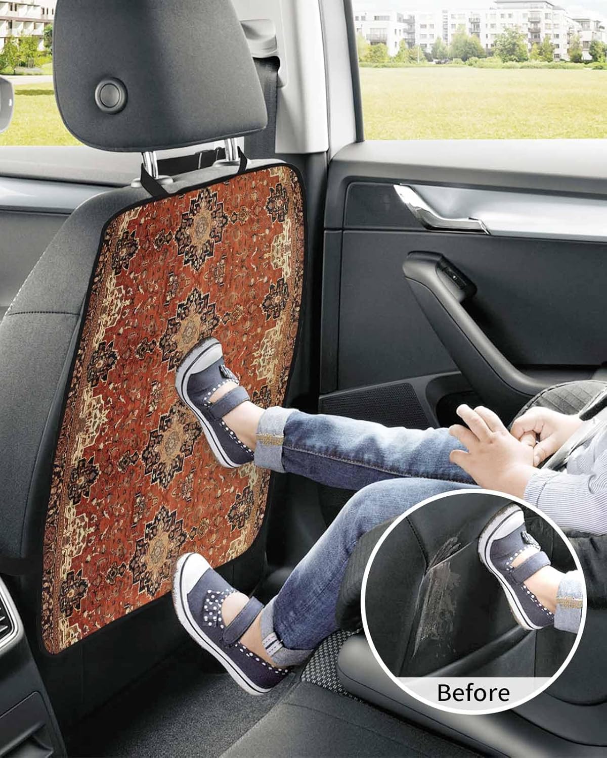 T&H XHome Car Seat Protector, 2 Pack Kick Mats Back Seat Protector Middle Ages Turkish Vintage Brown Geometric Pattern Waterproof Backseat Cover for Kids Universal Fit Automotive Interior Protectors