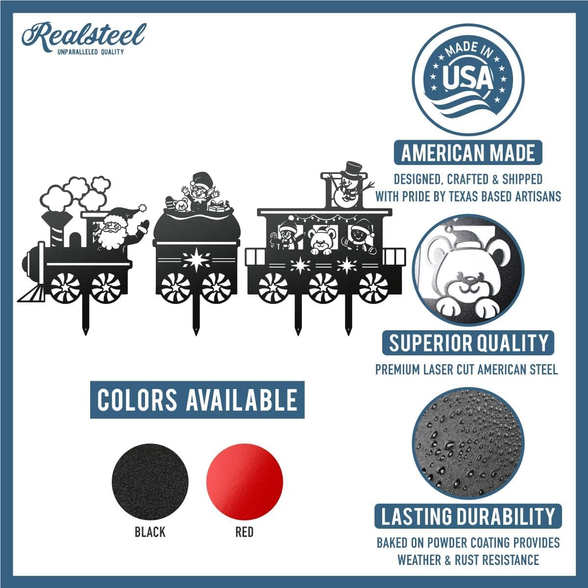 RealSteel Outdoor Christmas Train Set – Holiday Yard Decorations – Winter Xmas Spirit Décor – Santa Clause, Snowman, Elves & Peppermint – Feliz Navidad
