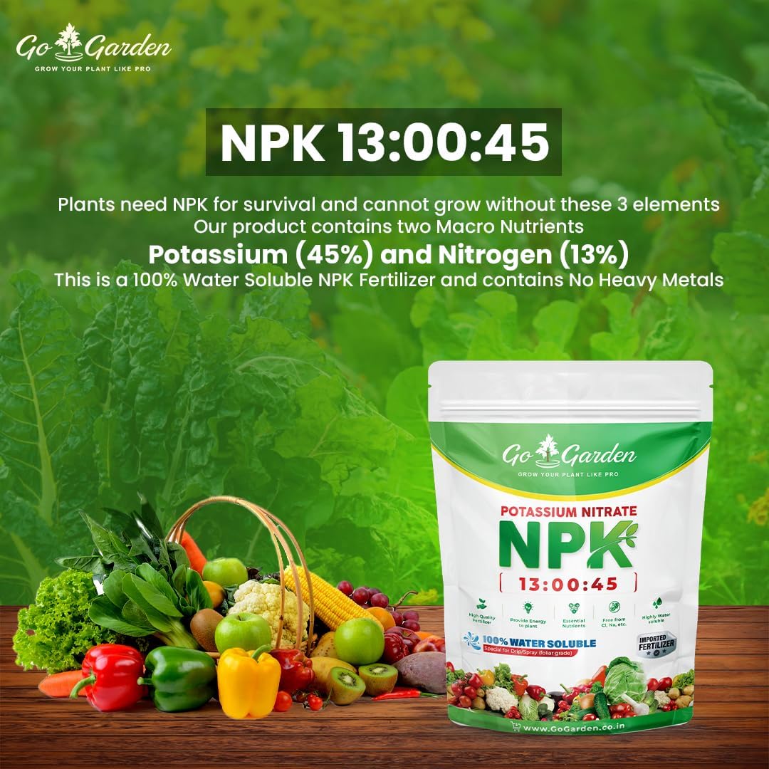 Go Garden Potassium Nitrate KNO3 NPK 13-0-45 Fertilizer | 100% Water Soluble Crystalline Powder | Multi-Purpose for Indoor & Outdoor Plants | Enhances Growth & Resistance | 900 G