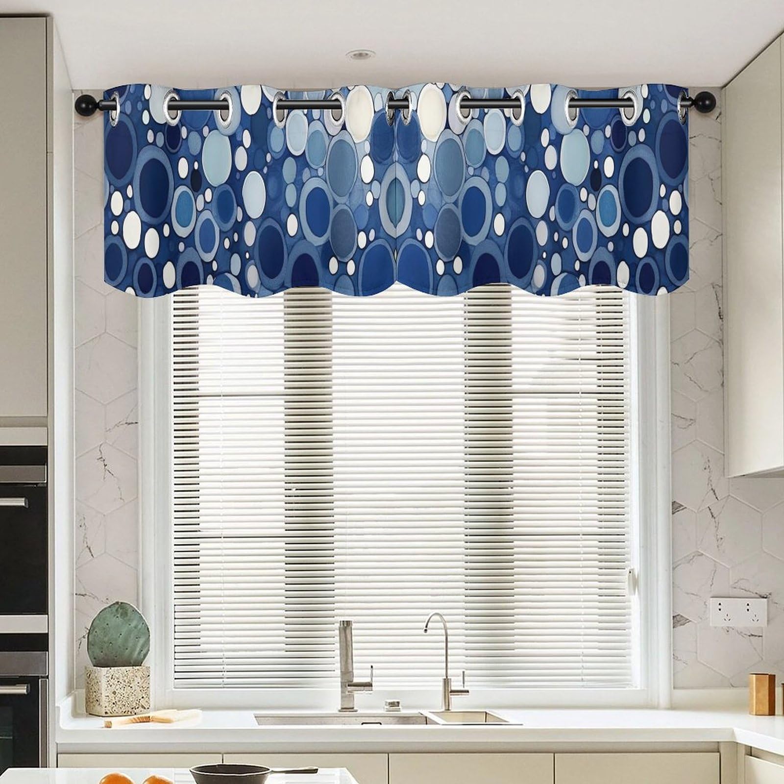 Cortinas de estilo asiático para el dormitorio, paneles cortos azules con cenefas en pack de 2