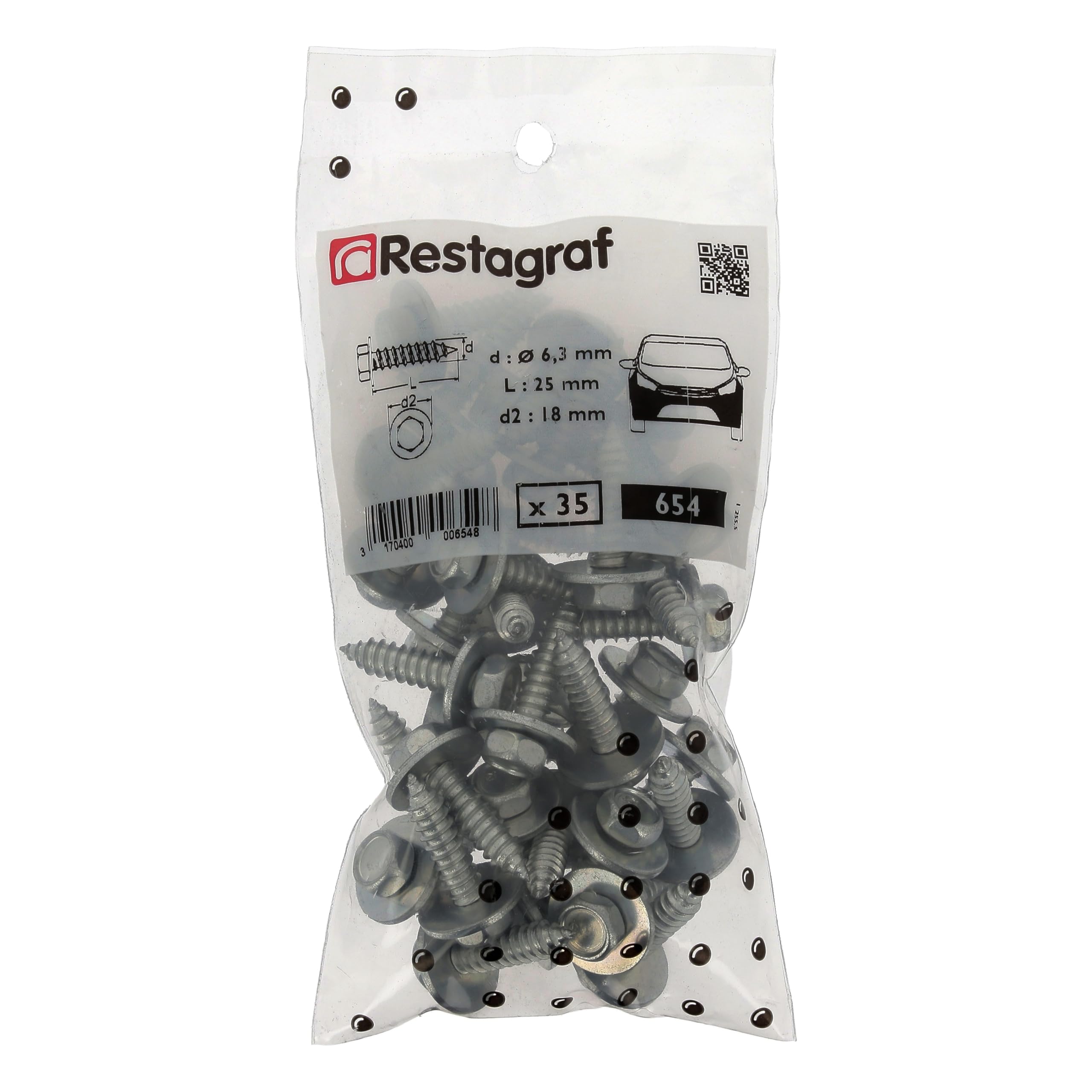 Restagraf - Vis à Tôle Hexagonale Spéciales Aile Avant & Bouclier - Fixation Carrosserie et Pièces Mécaniques - Acier - Diam. 6,3 mm - Long. 25 mm - Réf. 654 - Sachet de 35