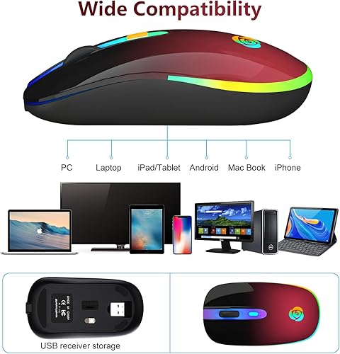 Miniatura 7 de HOTLIFE Ratón inalámbrico Bluetooth, mouse recargable LED con dos modos (Bluetooth 5.1+ USB C) 2.4 GHz para computadora portátil, MacBook, iPad,