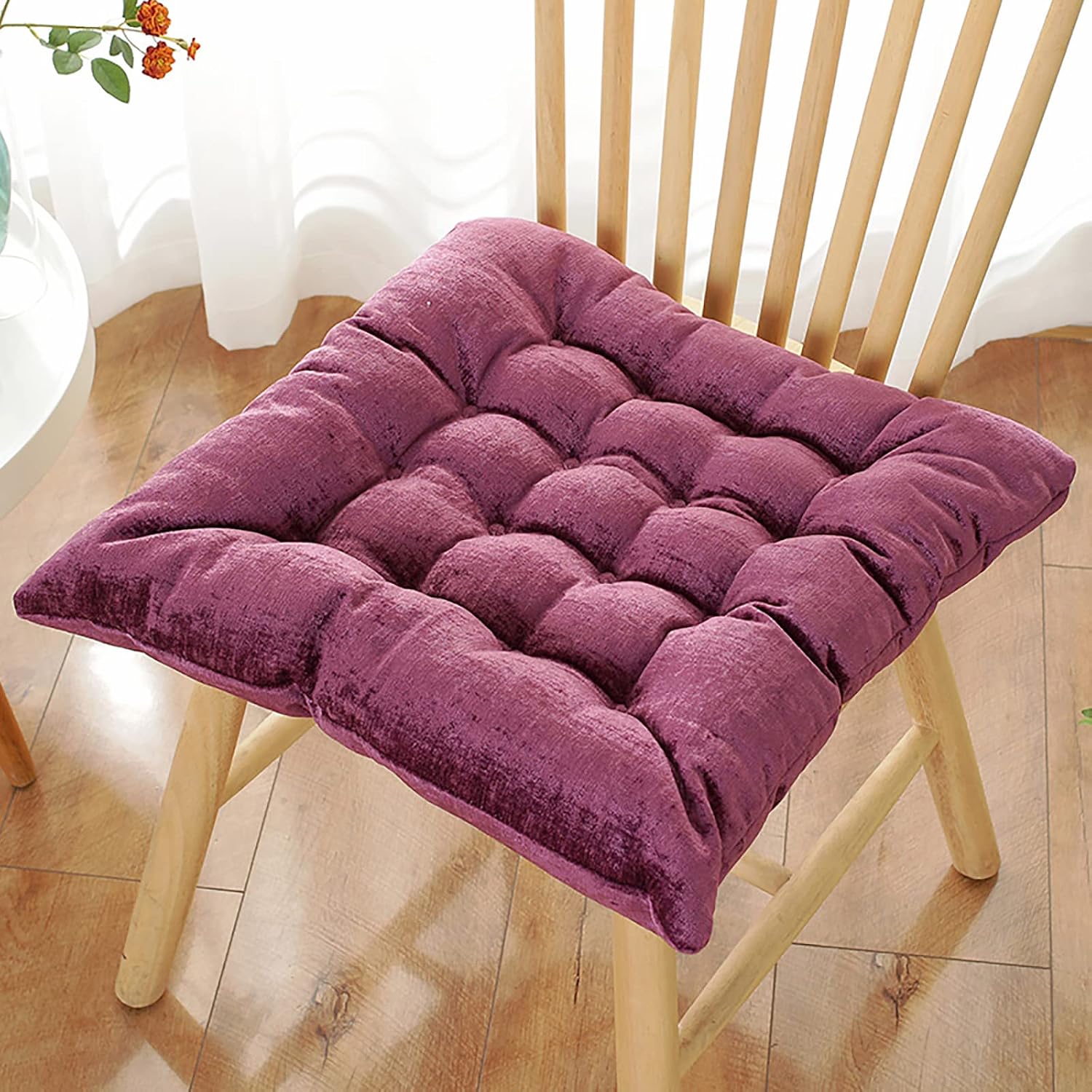 Square Tufted Chair Pad,Soft Thicken Tatami Seat Cushion Meditation Comfy Floor Pillow with Ties,Solid Color Corduroy Chair Cushion for Bay Window Balcony Living Room Yoga Sofa-Dark purple 45x45cm(18x