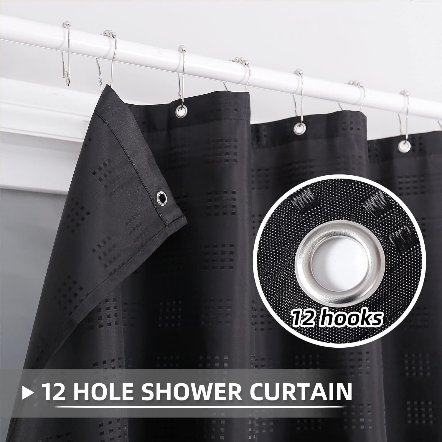 SpaceDresser Jacquard Fabric Shower Curtain,Shower Curtain Liner,Hotel Quality Waffle Weave Bathroom Curtain with Grommets,72 x 72 Inches Long Waterproof Shower Curtains Black