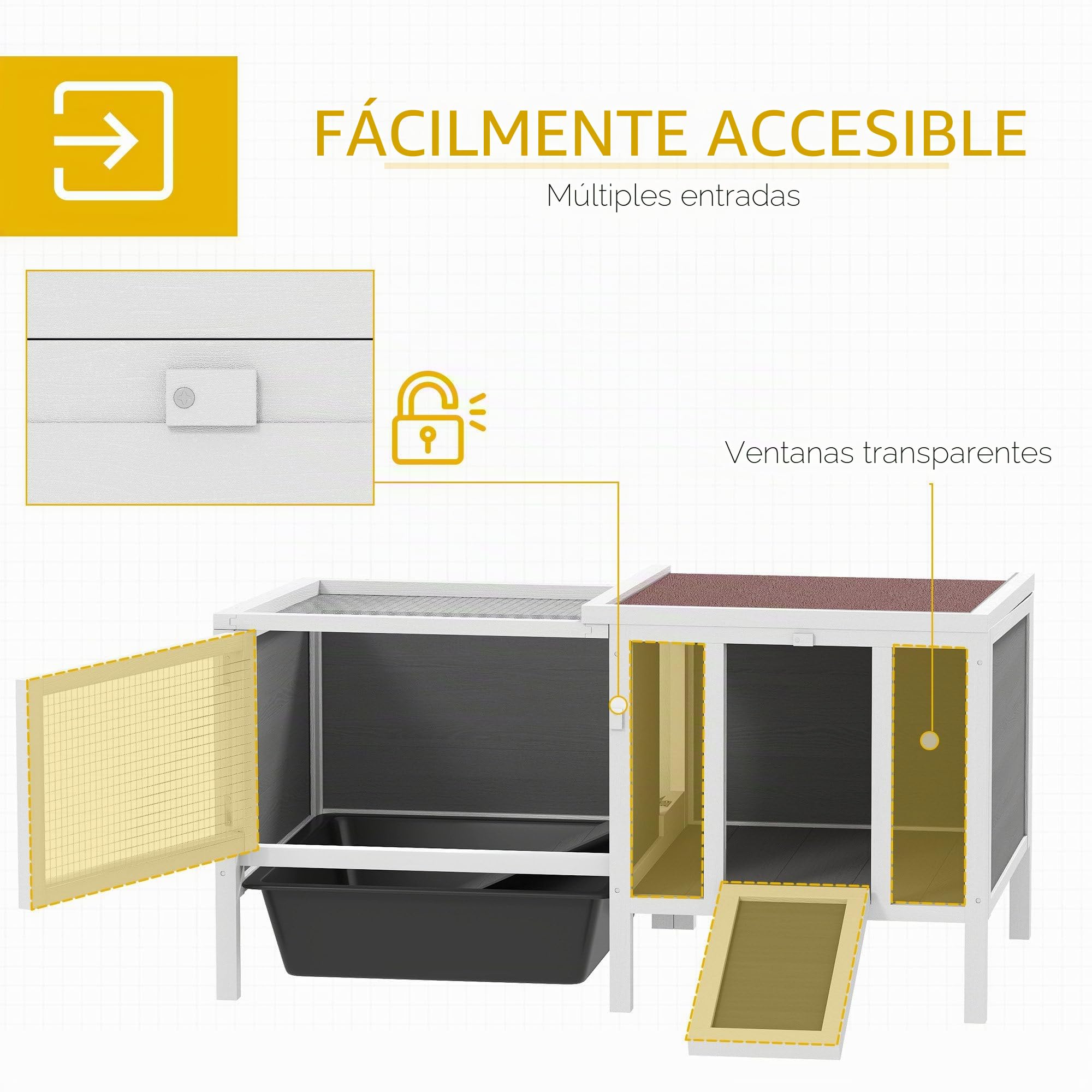 Conejera de Madera PawHut con recinto Libre, rampa, 3 entradas, conejera para Animales pequeños con Techo hidrófugo practicable, Bandeja extraíble, para cobayas 105 x 57,5 x 51,5 cm Gris