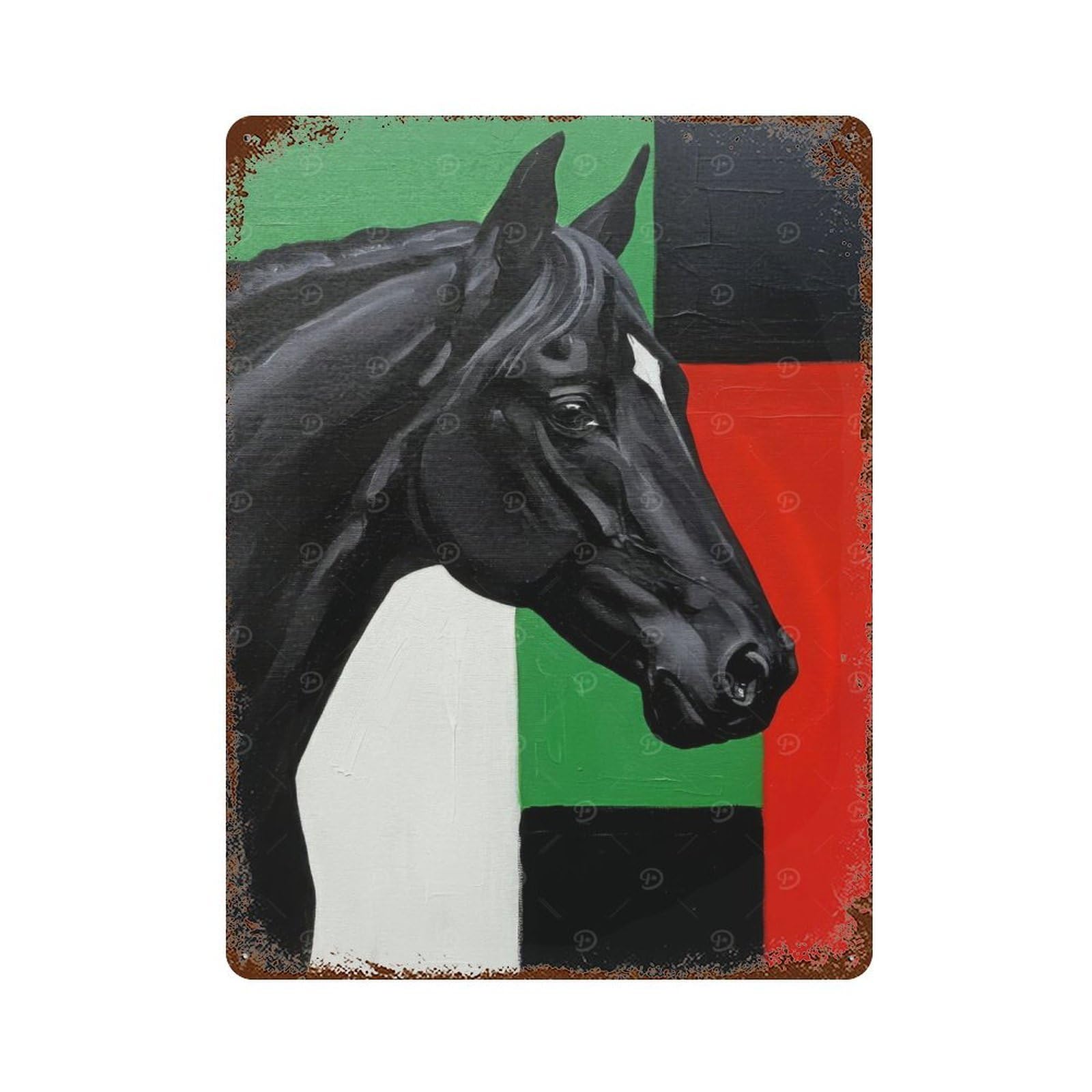 Black Horse Portrait with Geometric Background Rusty Metal Tin Sign 15.7"x11.8", Rustic Home Decor for Living Room, Hallway And Home Decor