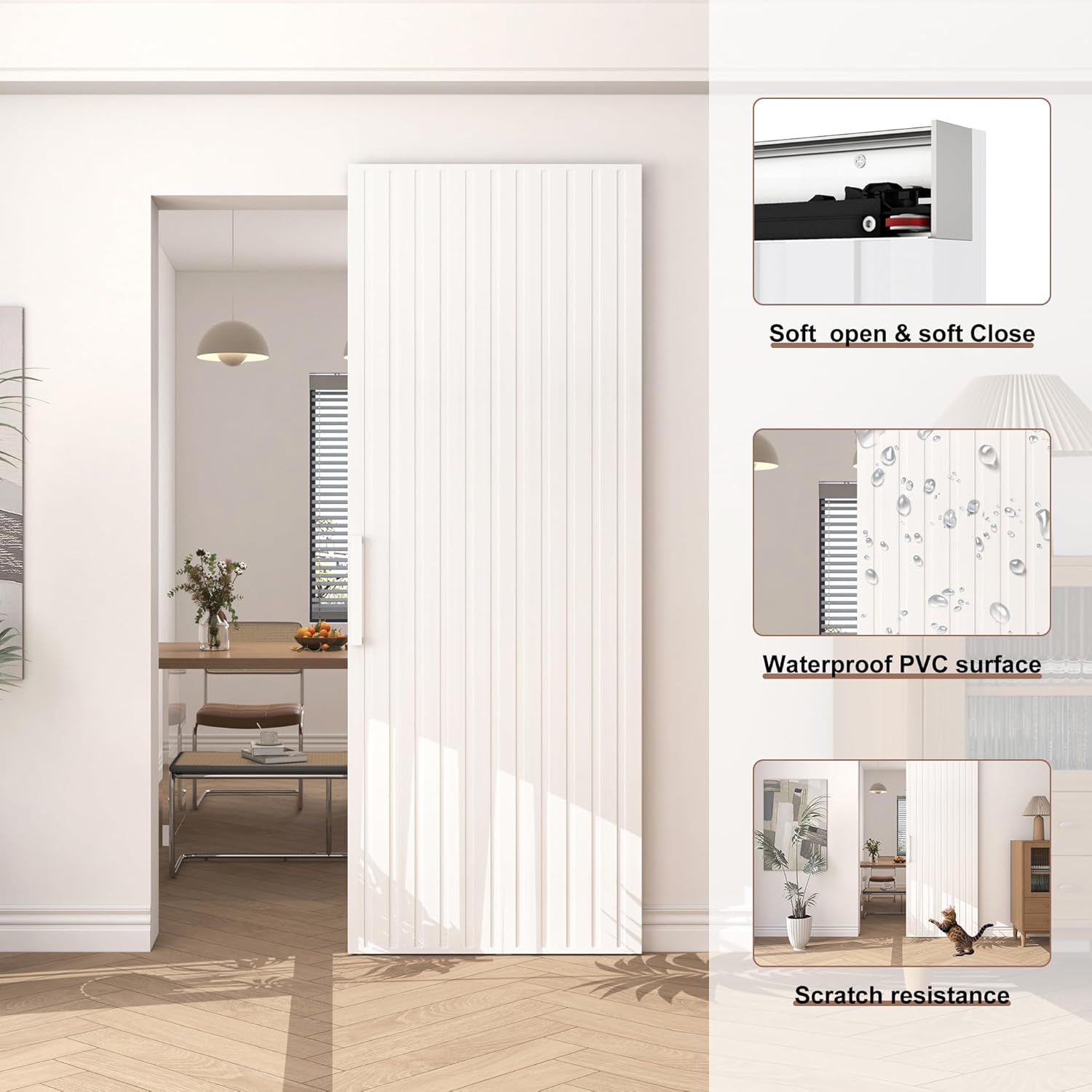 JUBEST 36"x86" Concealed Sliding Barn Door with Soft Close Hardware Kit, White Hidden Door for Opening 28"-32"x84", Waterproof and Modern, Smooth Sliding, for Interior Using, Widely Used