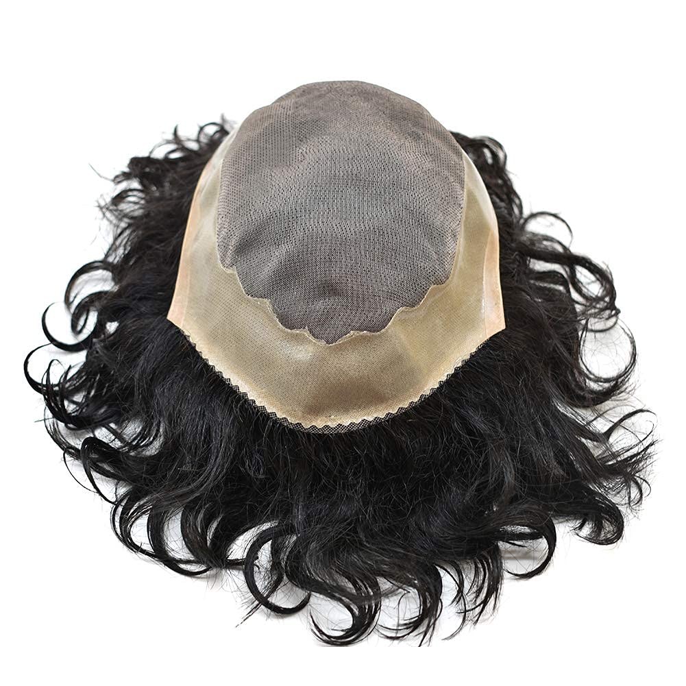 LYRICAL HAIR Fine Mono Pu Around 20mm Wavy Curly Black Hair system Replacement Afro Toupee For American African Black Men Hairpieces (9X11, #1B 100% Light to Medium Densiy)