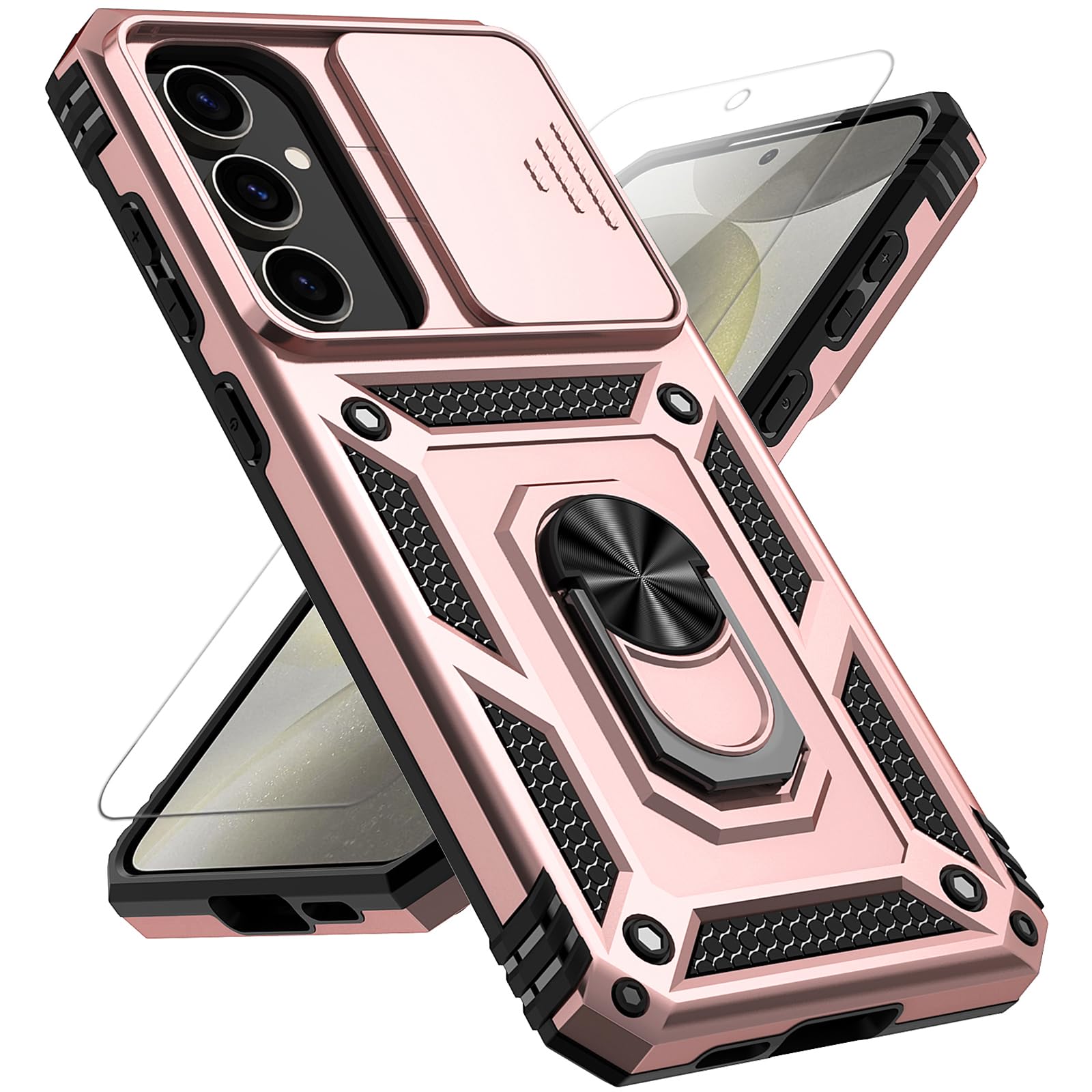 for Samsung Galaxy S24 FE Case with Slide Camera Cover HD Screen Protector [Military Grade 16ft. Drop Tested] Magnetic Ring Holder Kickstand