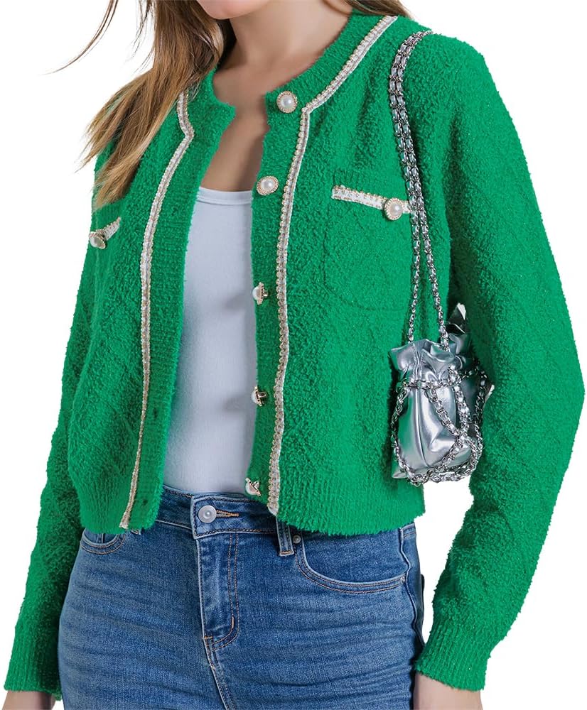 URBAN REVIVO Women's Knit Cardigan Sweaters Casual Long Sleeve Open Front Button Down Cropped Jackets