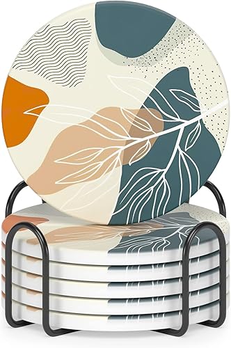 Miniatura 9 de Nipichsha Posavasos para bebidas, juego de 6 lindos posavasos absorbentes de cerámica para taza con soporte y base de corcho, decoración