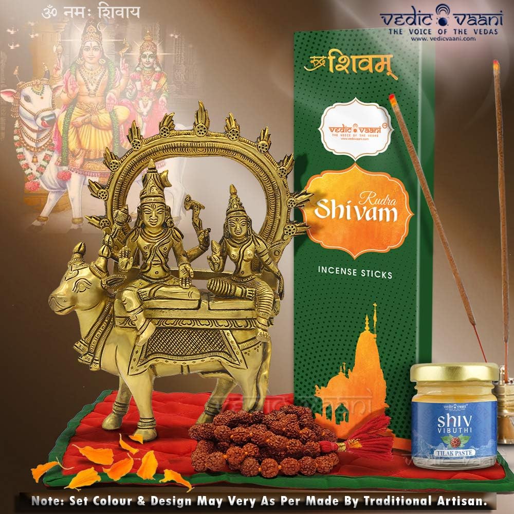 Vedic Vaani Divine Pradosham Shivam Lord Shiva Shakti Parvati Sitting On Nandi Bull in Brass Idol Sculpture Poojan Set with Shivam Incense, Paste, Rudraksha Mala and Gadi Assan for Pradosha Puja