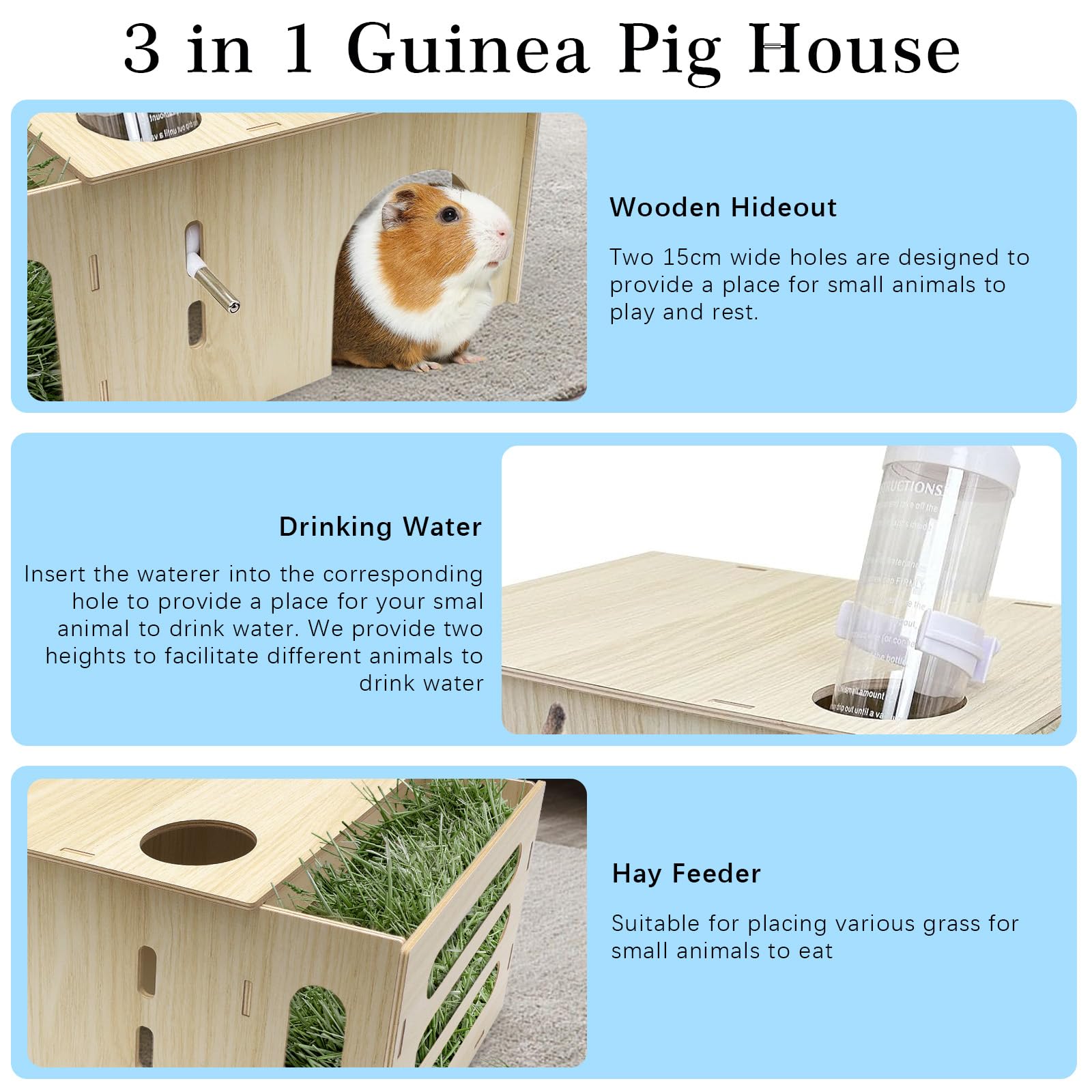 3 en 1 Comedero para cobayas, Accesorios de Madera con comedero, portabotellas y casita de Juegos, 40 x 17 x 24 cm, para Animales pequeños como Conejos Enanos, hámsteres, Ardillas y erizos