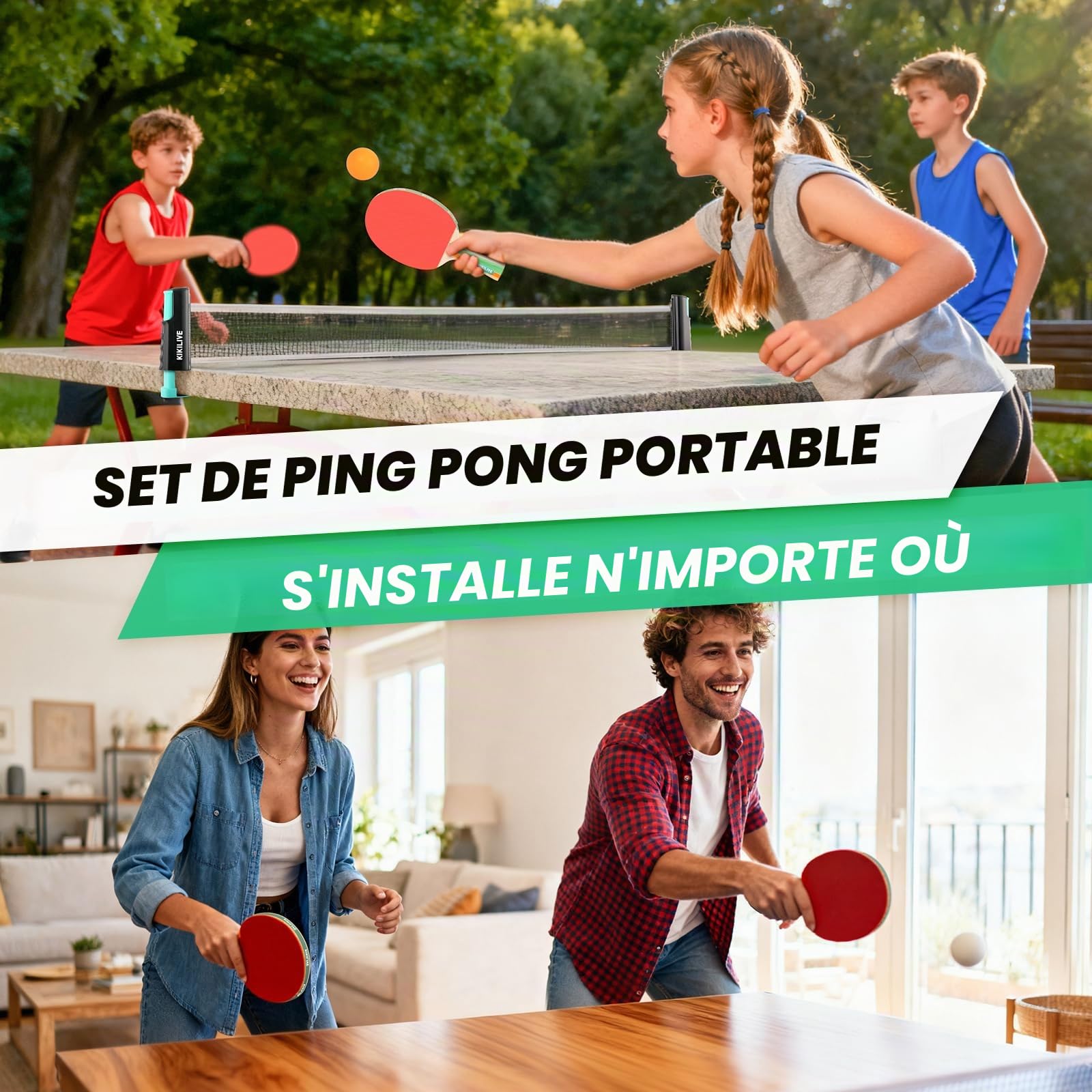 Set de Tennis de Table Portable avec Filet Extensible, 2 Raquettes, 6 Balles et Sac de Transport - Idéal en Intérieur/Extérieur pour Famille, Loisirs et Entraînement.