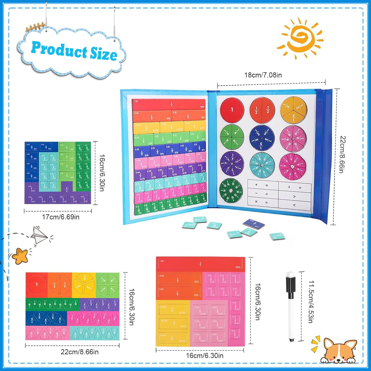 Puzzle Educativo Sulla Frazione Magnetica, Piastrelle Magnetiche Frazioni, Matematica Montessori Primaria, Set per Bambini