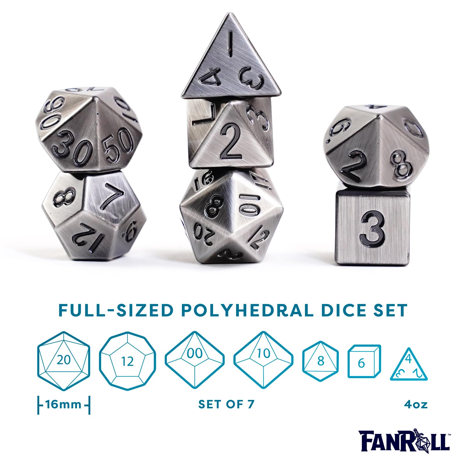 Metal Dice Polyhedral Set of 7 die (7) Antique Silver by Metallic Dice Games