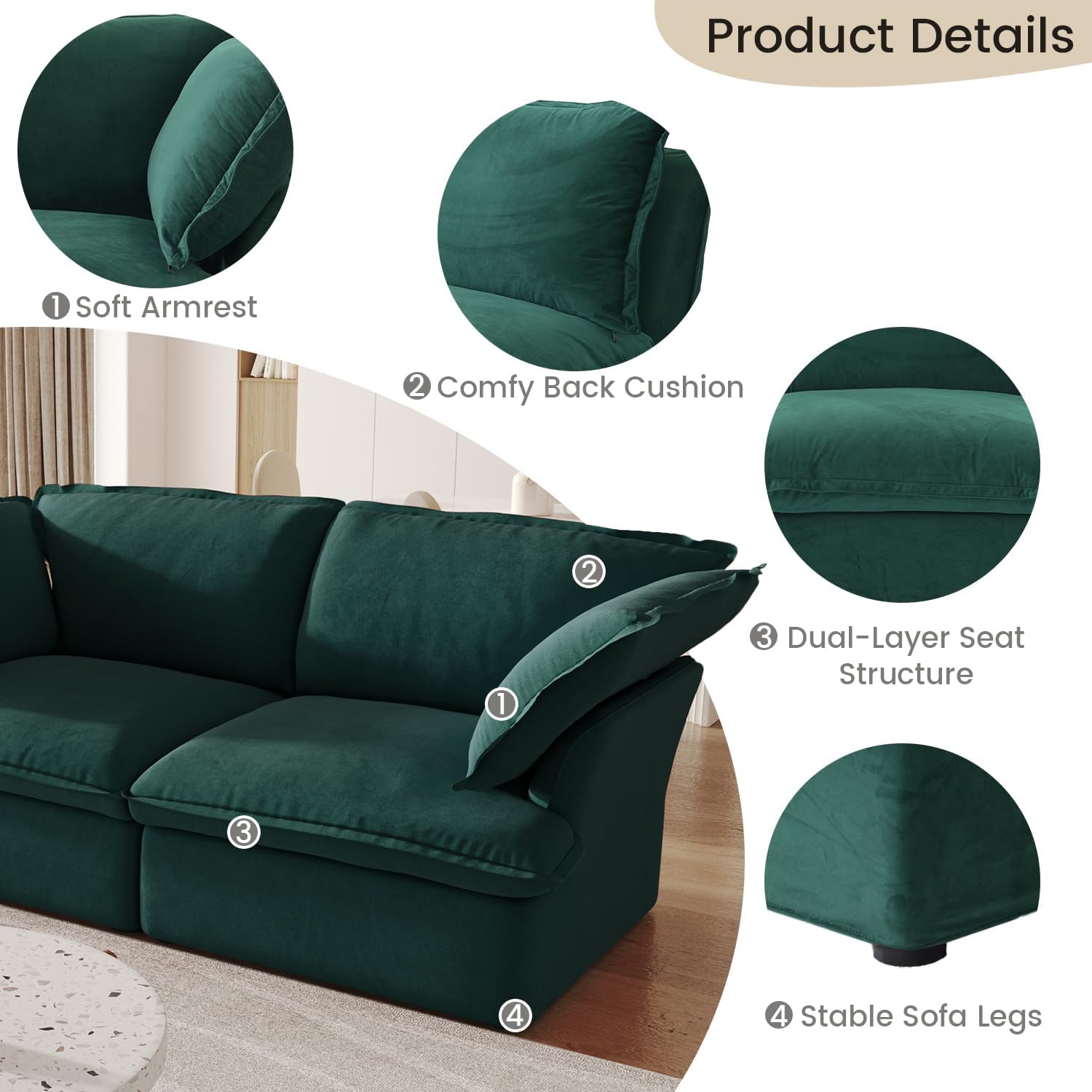WJShome Sectional Couches for LivingRoom,122.82" L-Shaped Sectional Couches,Velvet Deep Couch with Chaise,3 Seats with 1 Ottoman Living Room Sets,Cushion Covers Removable,Green