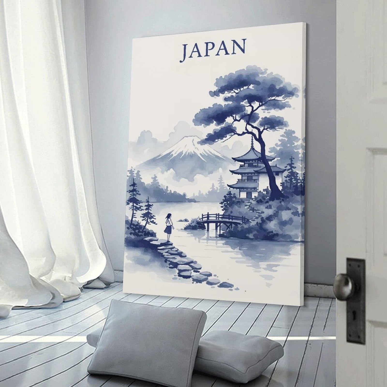 Junmoney Japanese Landscape with Pagoda And Mount Fuji Wall Decor Canvas Print, 24x36inch(60x90cm), for Bedroom, Lounge Or Dressing Area, Decorative Wall Art for Cosy Rooms