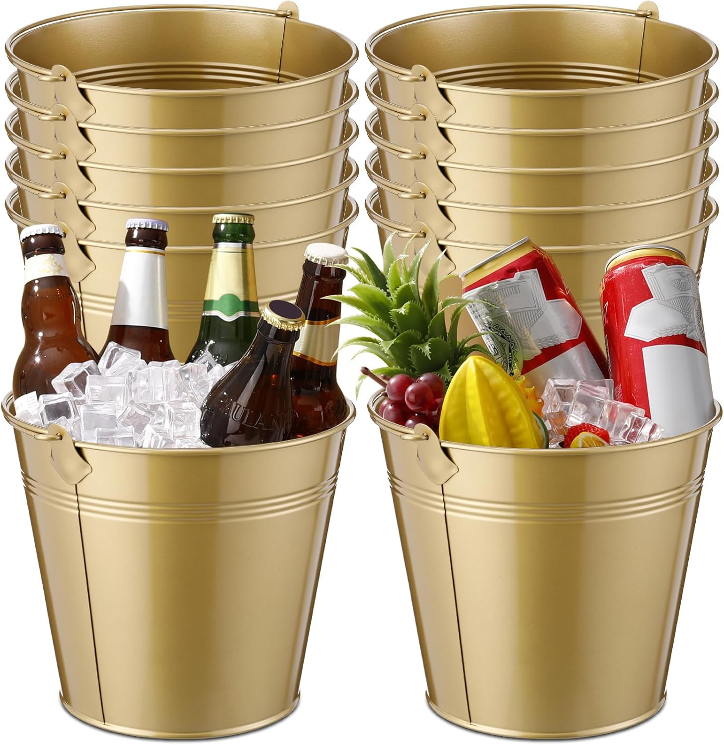 Didaey 12 Pcs Metal Beer Bucket Bulk Ice Bucket Ice Pails with Handle Champagne Soda Party Beverage Chiller for Summer Picnic Pool Wedding Party Supplies Wine Champagne Bar (7.1 x 6.5 x 5.1,Gold)