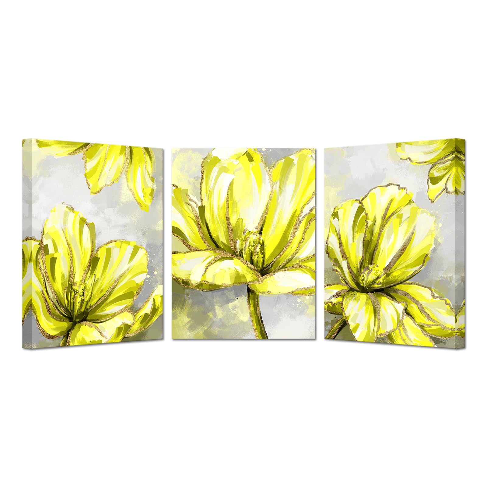 Lienzo tríptico de flores modernas gris y amarillo para decoración 8