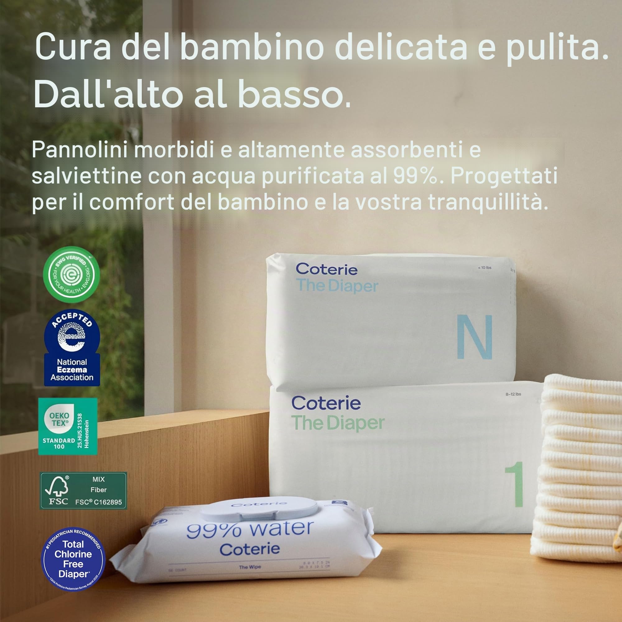 Coterie Kit salviettine per bambini + pannolini, taglia 1 (99 pezzi) e pannolini per neonati (93 pezzi), confezione da 8 (448) salviette per bambini con il 99% di acqua, materiali a base vegetale