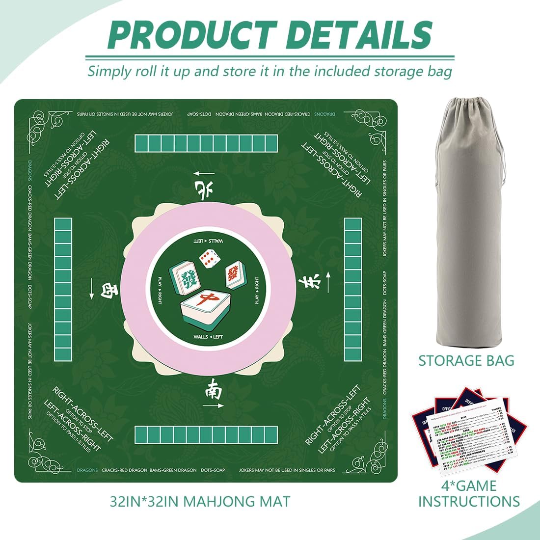 Mahjong Mat, Non-Slip Noise Reduction Mahjong Mat for Mahjong Table, Game Mat Suitable for Mahjong, Card Games, Board Games, 32 in * 32 in Game Mat, Can Be Stored in Our Storage Bag (Green)