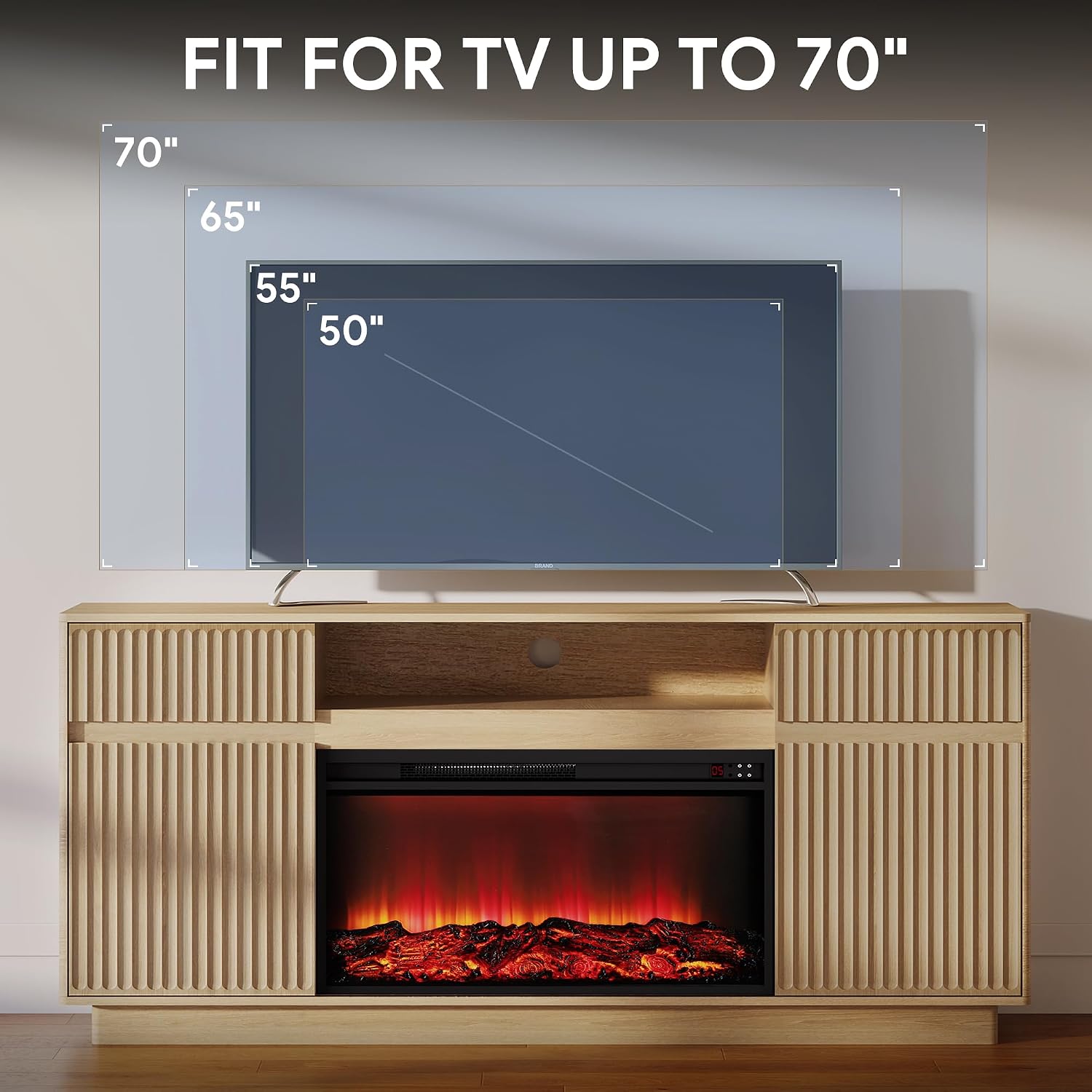 PAPROOS TV Stand with Fireplace, Mordern Fluted Wood TV Cabinet Fits TVs up to 70", 30'' Fireplace TV Stands Entertainment Center with Spacious Storage for Living Room(Natural Wood)