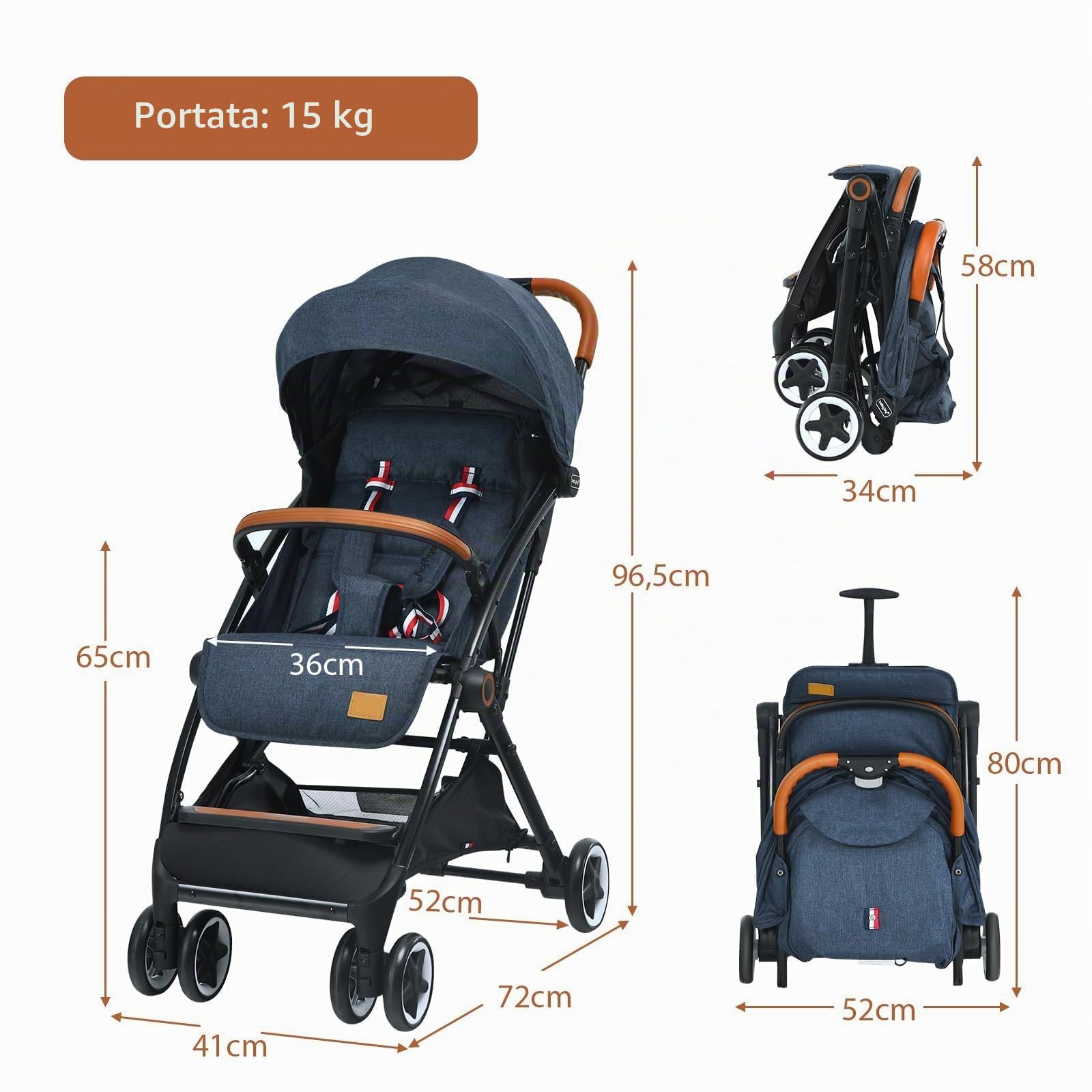 FANTASK Passeggino per bambini pieghevole, cintura di sicurezza a 5 punti con funzione sdraiata, passeggino da viaggio con tettuccio e schienale regolabile, passeggino per bambini fino a 3 anni