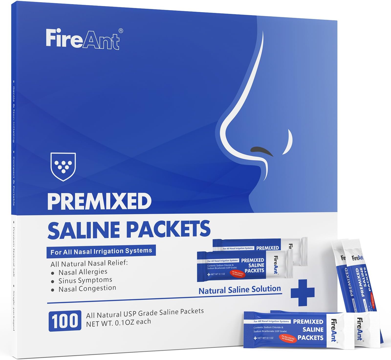 FireAnt Saline Packets Sinus Rinse, 100 Premixed Neti Pot Salt Packets for Nasal Rinse, All Natural, Pharmaceutical Grade, and PH Balanced - 100 Count