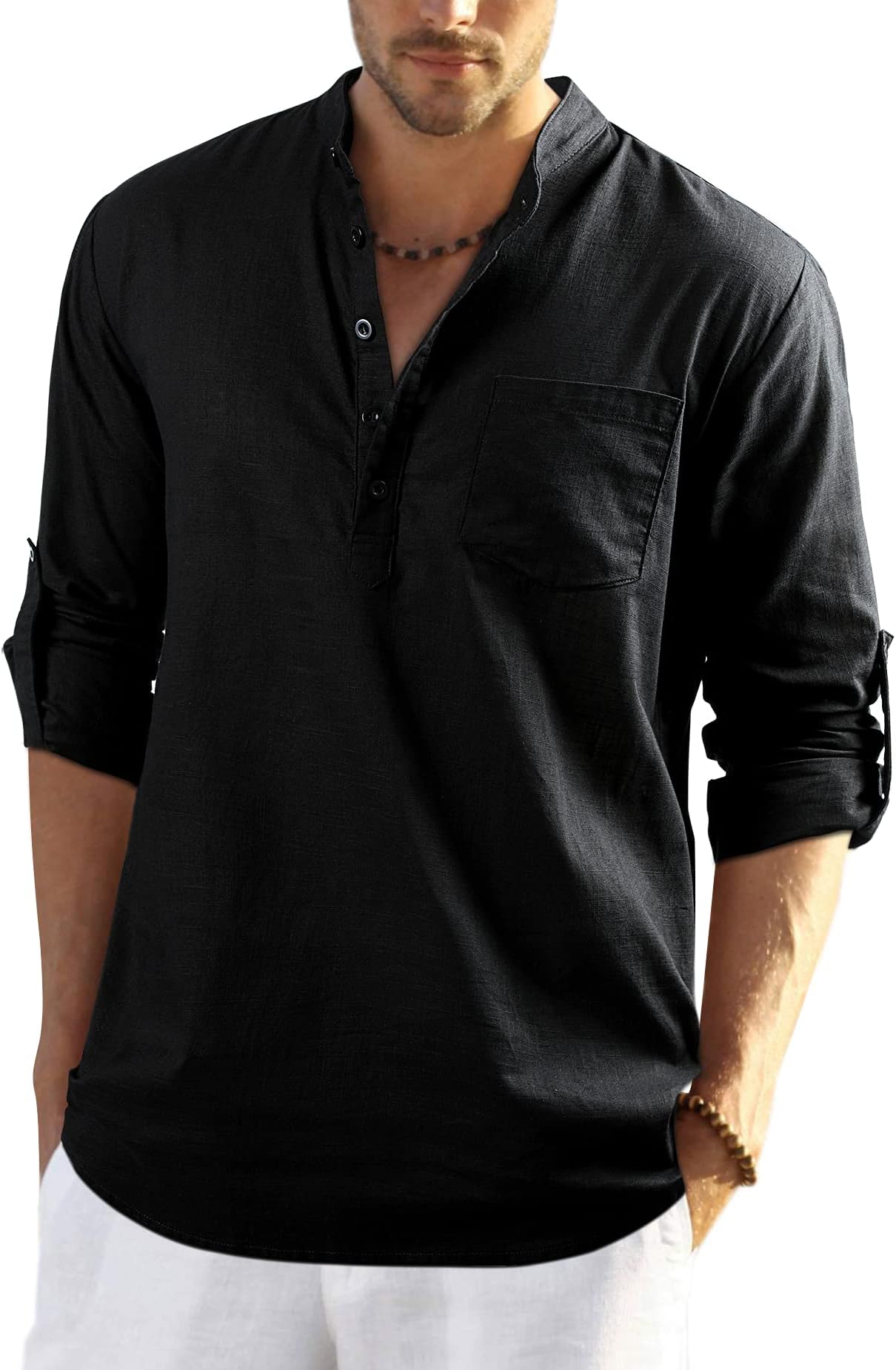 Mens Casual Cotton Linen Shirt Long Sleeve Button Down Summer Lightweight Henley Shirt Tops