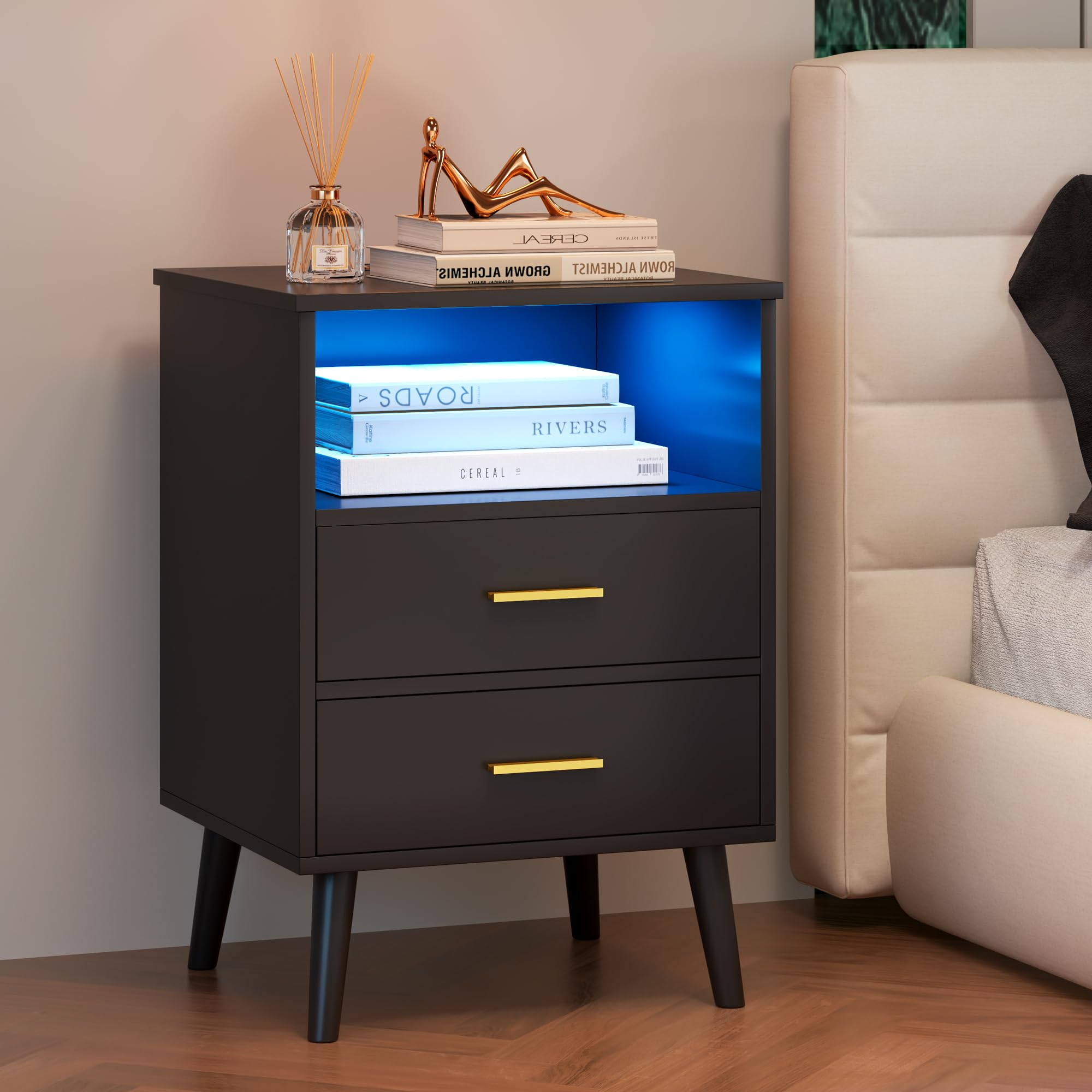 Vlsrka LED Comodino con Cassetto Nascosto, Comodino con Funzione di ricarica, Comodini moderni con 3 Cassetti, Comodini in Legno Camera da letto, Ricarica Wireless, Luci 3 colori, Nero