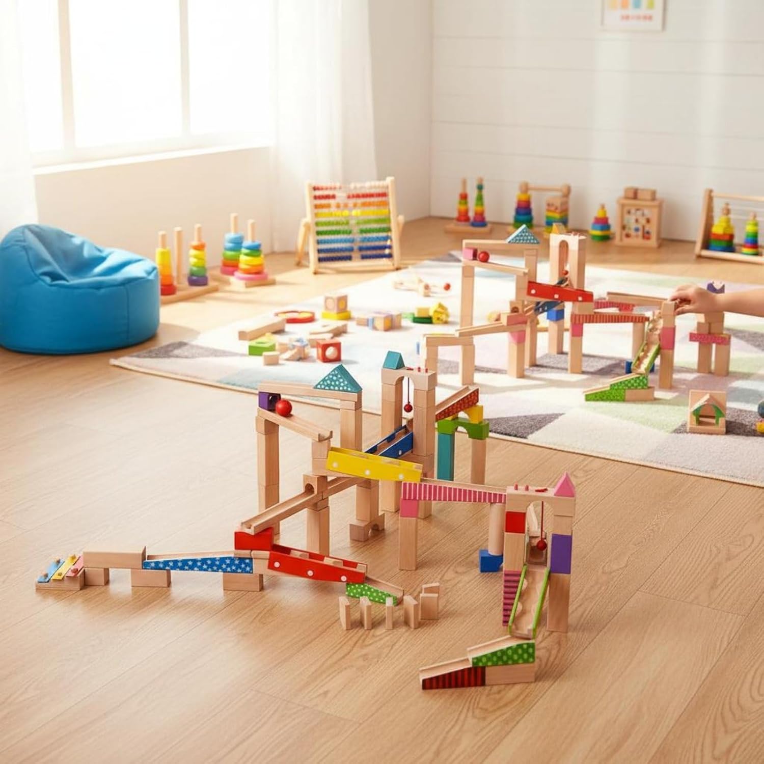 Generic 100 Pieces Wooden Marble Run Parent-Child Interaction Ball Track Building Blocks Paint Block Set for Children