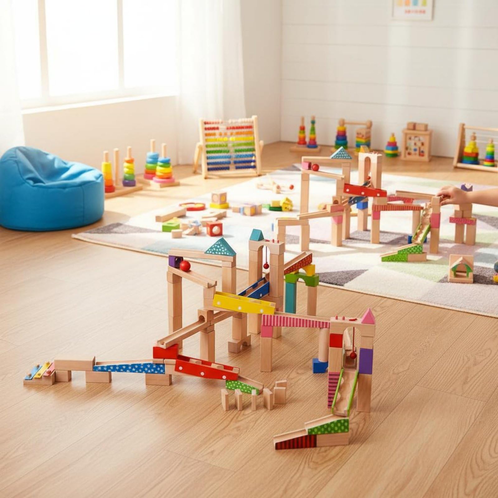 Kinder Bausteine Holz Murmelbahn Set Baukasten Kugelbahn Murmelrennbahn aus Buchenholz mit Wasserbasiertem Anstrich Stärkt Räumliche Wahrnehmung Teamspiel für Vorschulkinder Zuhause