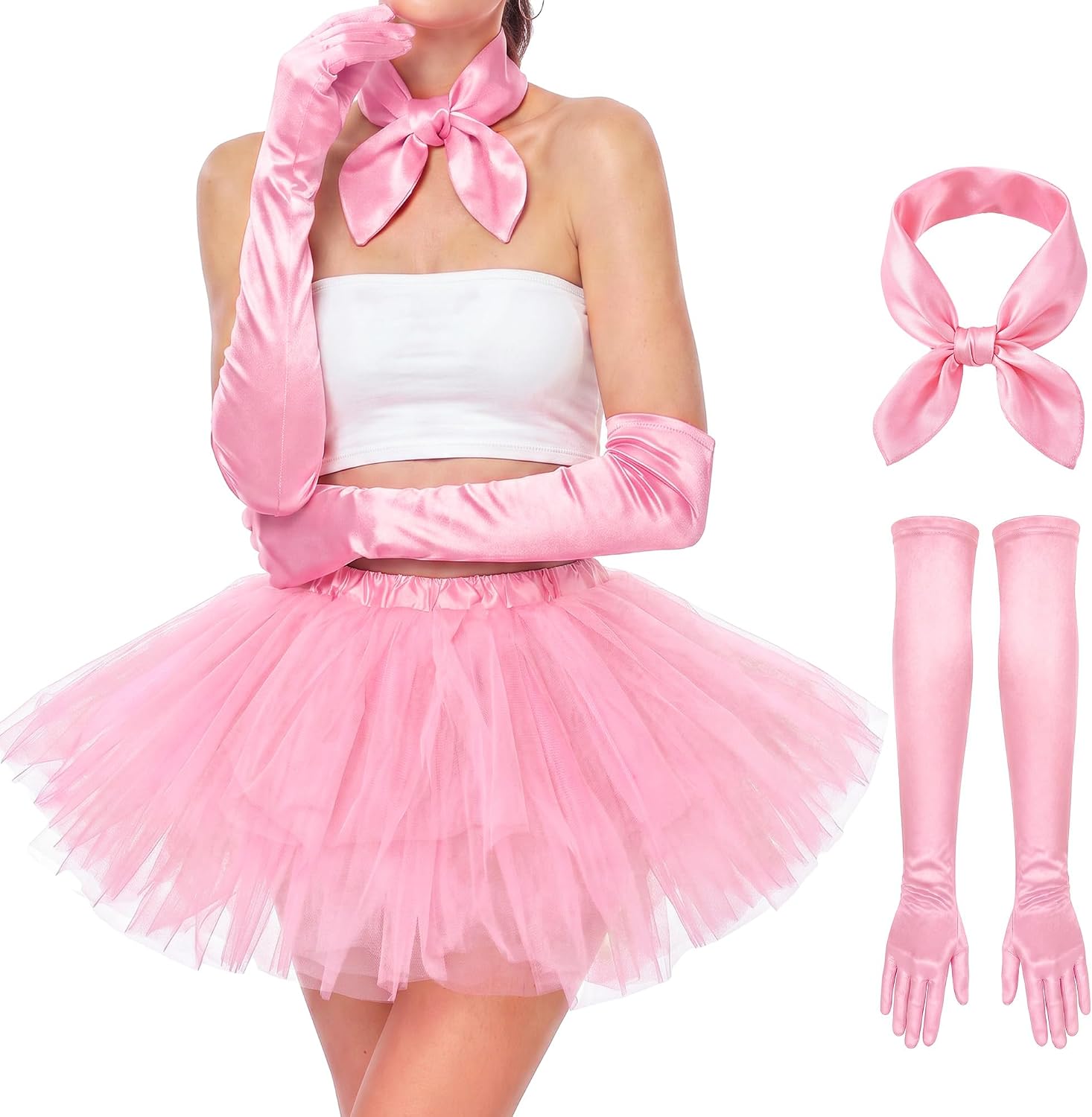Tutu for Women Adults 6 Layers Tulle Skirt with Scarves and Gloves 80s Outfit Halloween Rave Costume Running Dance Skirt Pink