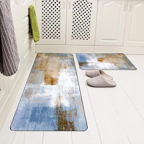 Vista 164 de TOMWISH - Tapetes de cocina para piso, color turquesa, gris, abstracto, pintura artística, 17 x 48 + 17 x 24 pulgadas, juego de alfombras de cocina