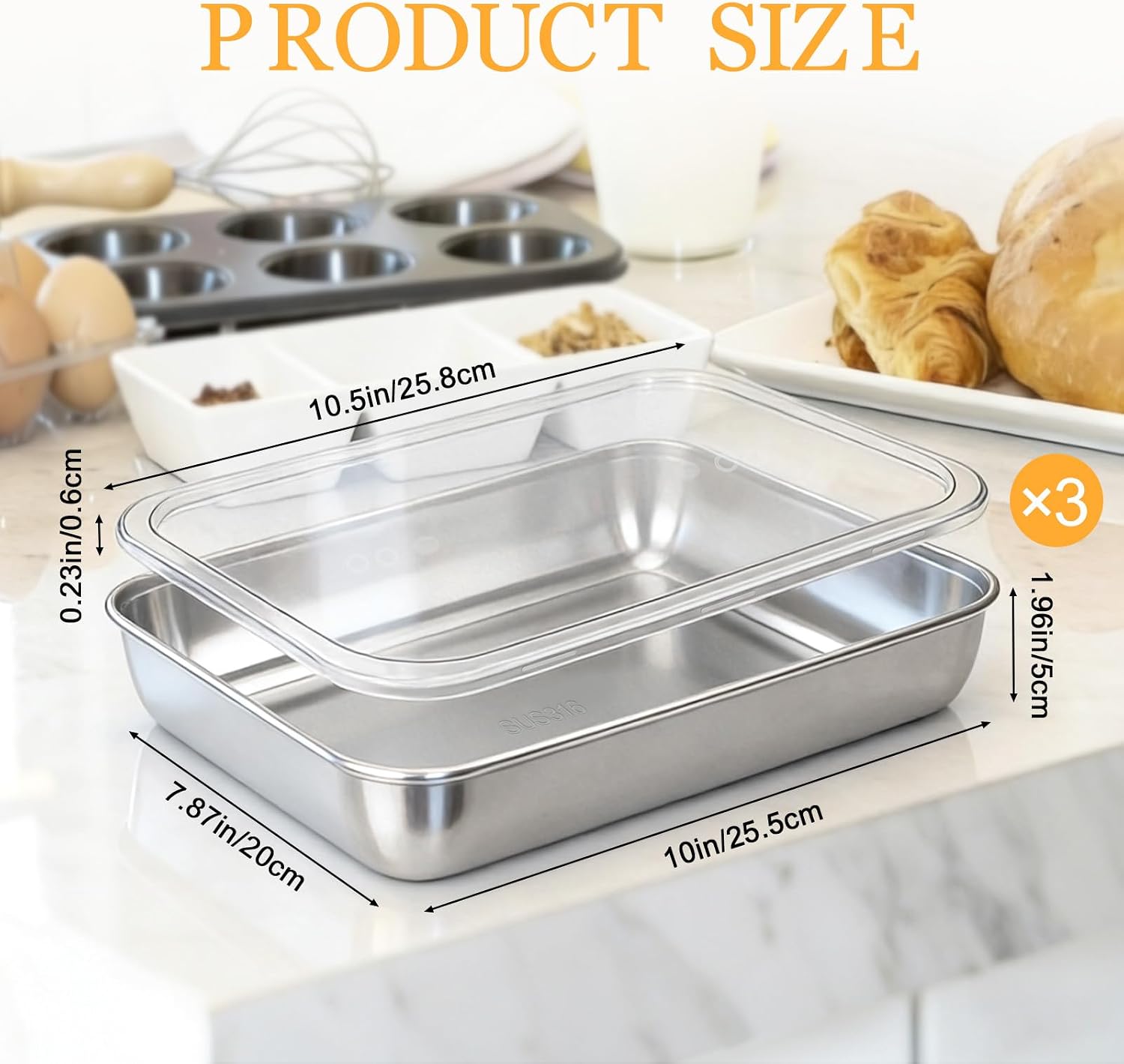 3 Pack 9.84" x 7.87" Rectangular Baking Cake Pan with Lid, Stainless Steel Baking Pan, Metal Rectangular Cake Tin Bakeware for Homemade Bread Brownies Oven & Dishwasher