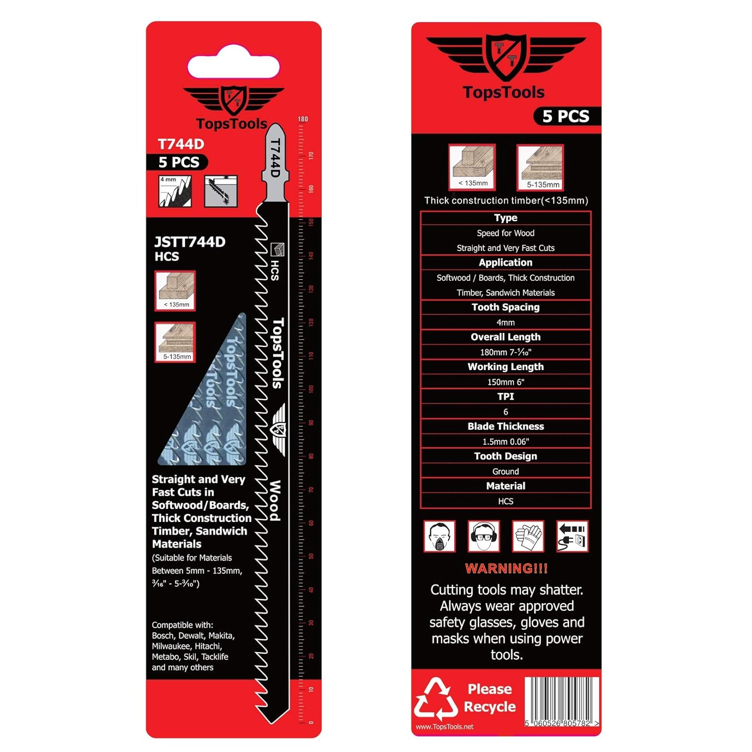 5 x TopsTools JSTT744D T744D 180mm Jigsaw Blades Designed for Long Clean Straight and Fast Cuts in Wood