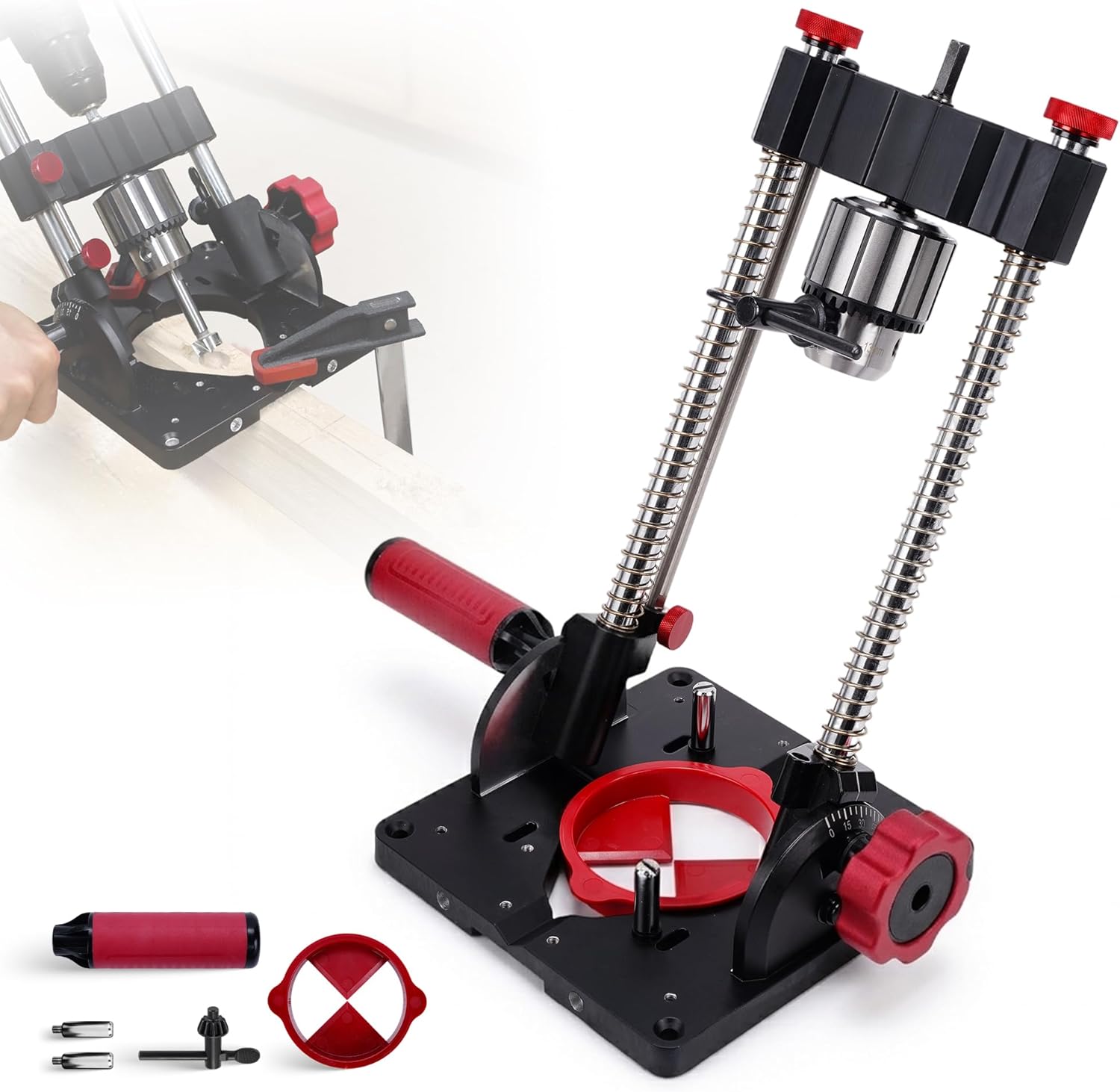 1348 Drill Mate PRO Heavy-Duty Portable Drill Guide, 1/2" Keyed Chuck, 0–60° Adjustable Angle Precision Drilling Jig for Straight & Angled Holes, V-Groove Base Drill Press Attachment