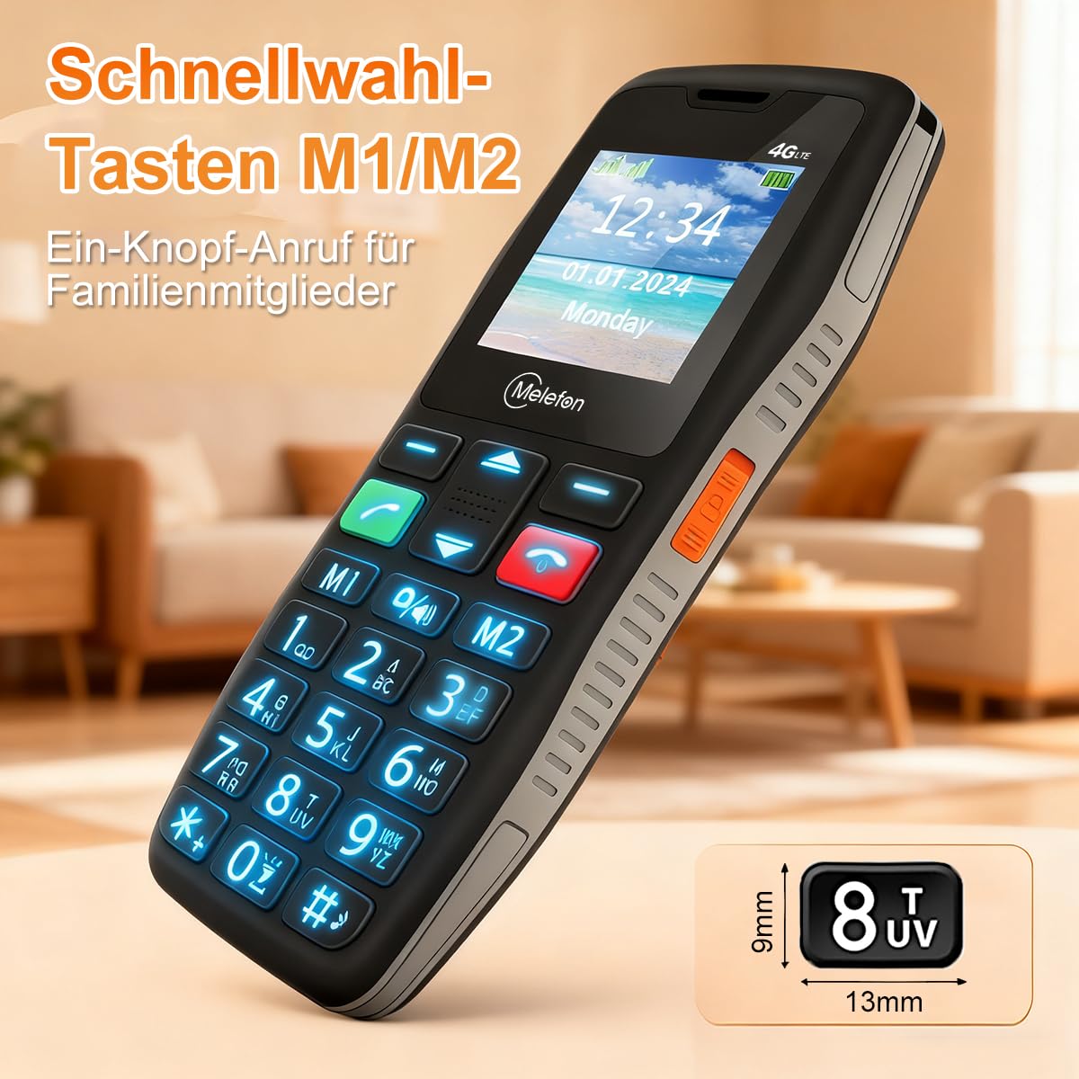 4G-Seniorenhandy ohne Vertrag – kompaktes Handy mit großen Tasten, SOS-Taste, 1,77-Zoll-Farbdisplay | USB-C-Ladestation, UKW-Radio, Tastensperre | Einfache Bedienung