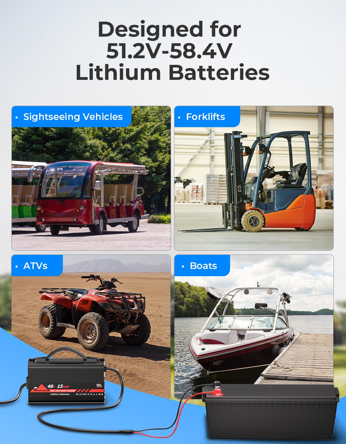 KEMIMOTO Caricatore universale per carrello da golf da 48 V, batteria al litio da 15 A, 51,2 V-58,4 V, Lifepo4, caricabatterie da golf cart da 48 Volt, protezione da sovraccarico, completo in 4-6 ore