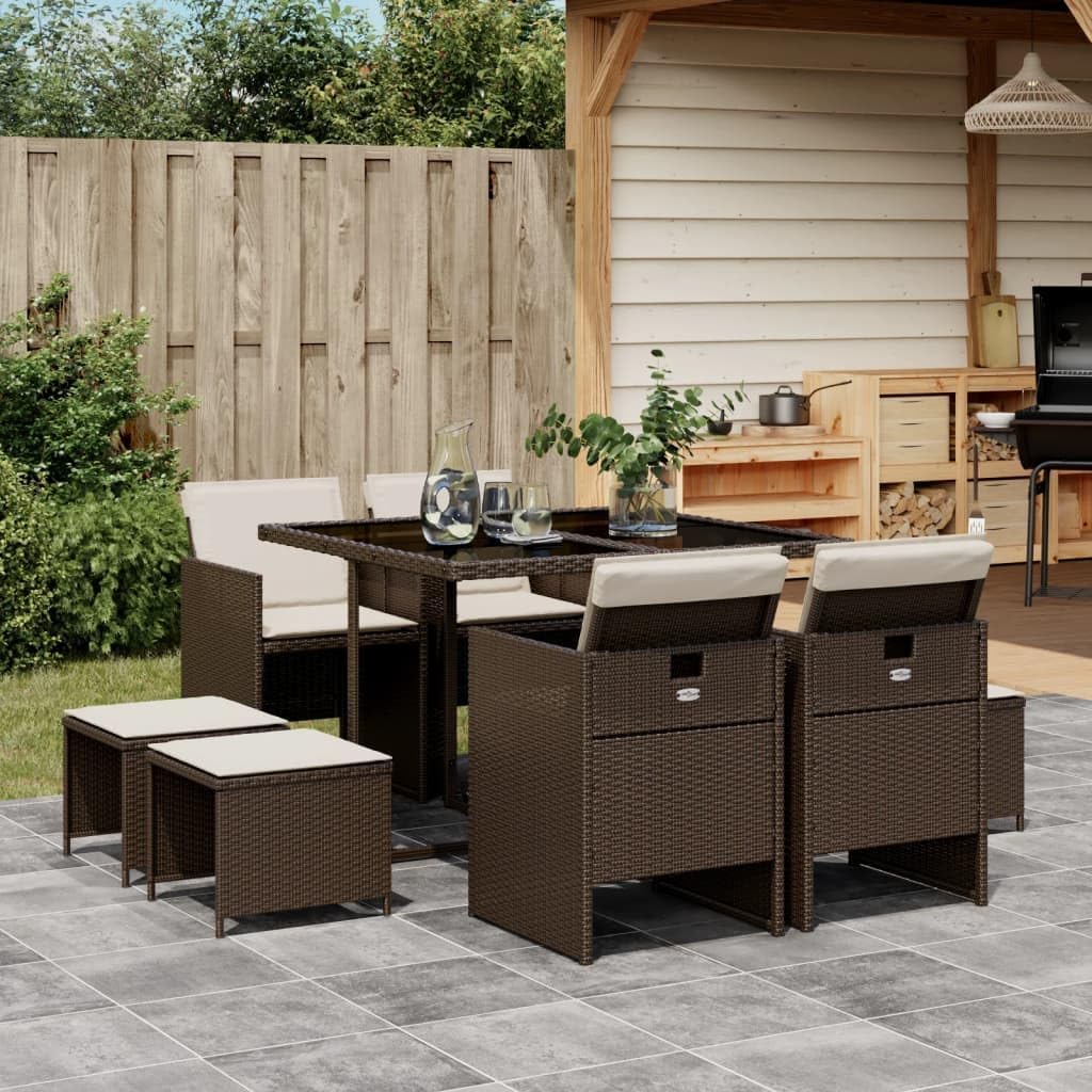 vidaXL 9 Piece Garden Dining Set and Cushions Synthetic Rattan Brown