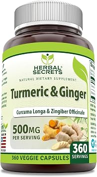 Herbal Secrets Turmeric & Ginger 500 Mg Veggie Capsules Supplement | Non-GMO | Gluten Free | Made in USA 1 Pack, 360 Count
