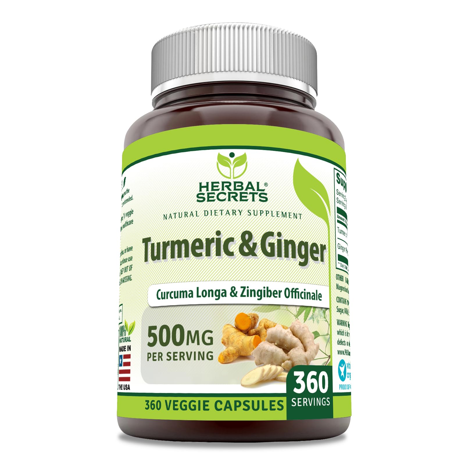 Herbal Secrets Turmeric & Ginger 500 Mg Veggie Capsules Supplement | Non-GMO | Gluten Free | Made in USA (1 Pack, 360 Count) 360 Count 1 Count (Pack of 1)