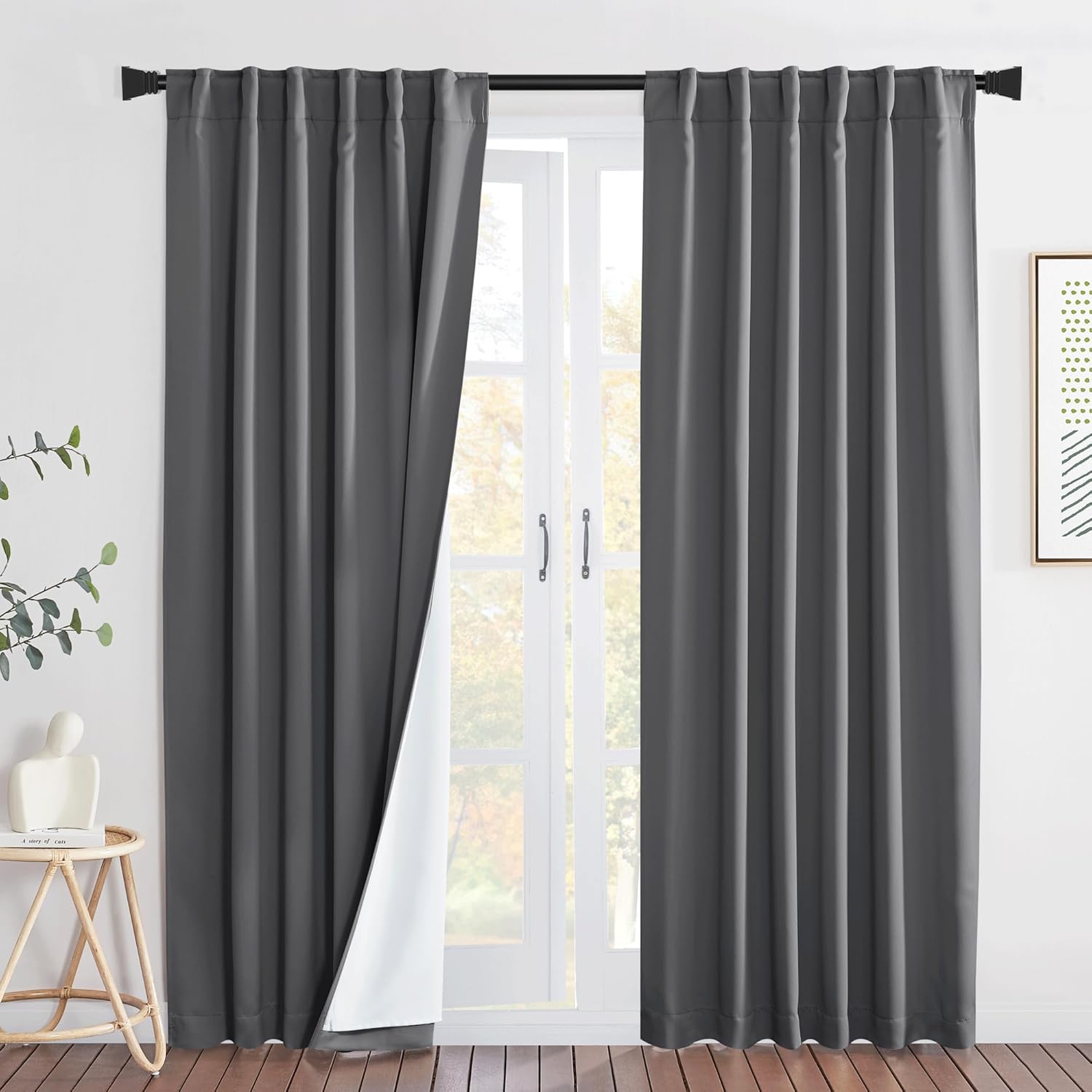 NICETOWN Grey Filter Mountain Fires, Sandstorms, Smog Curtain Panels, 100% Blackout Noise Insulation Back Tab Drapes for Dining Room, Thermal Insulated Guest Room Lined Window Dressing (52 x 84 inch)