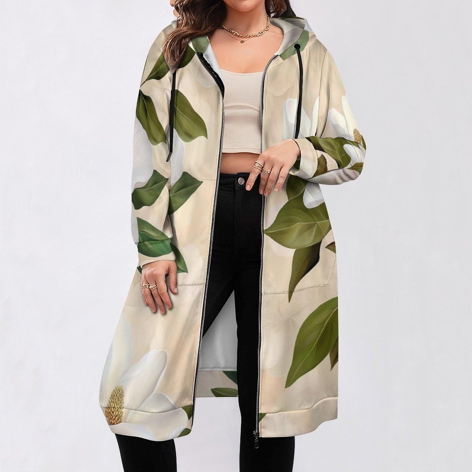 Felpa Donna con Zip Felpe Sportiva con Tasche E Cappuccio Magnolia Bianca Morbida Invernale Giacca Regolabile Confortevole per Uso Quotidiano Casual