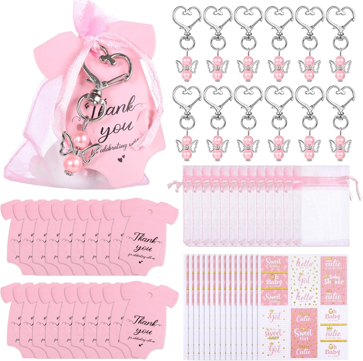 50 Sets Shower Birthday Party Return Gift, Sweeties Party Favors, Shower Angel Keychains, Thank You Cards, Elephant Label Sticker, Organza Bags